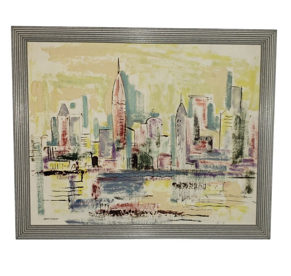 Vintage Oil Painting City Skyline Abstract Signed Jean B. Egan Framed