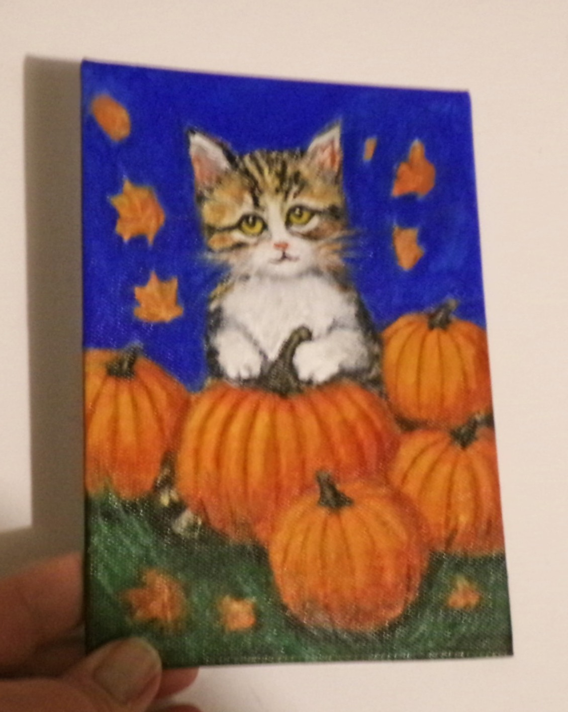 Original Cat Painting Kitten & Pumpkins 5×7 Pet Modern Wall Art Decor