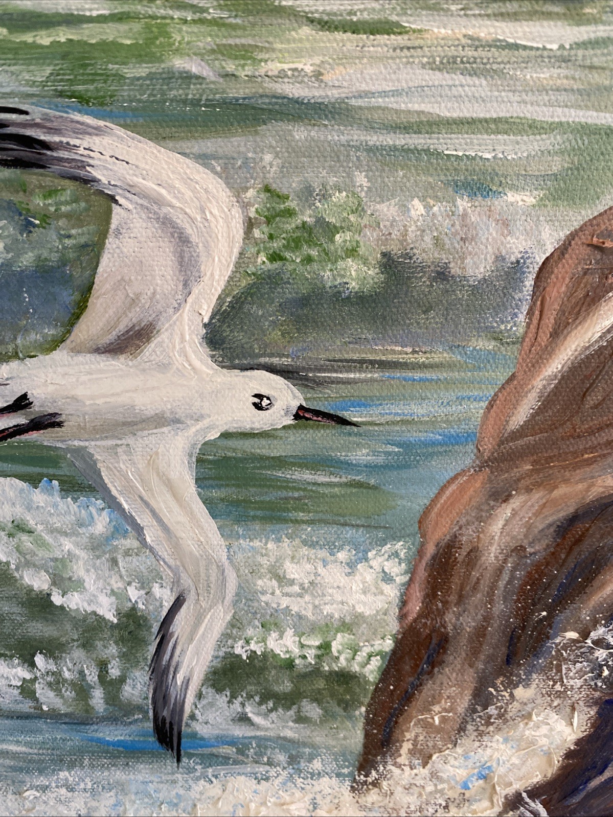 Seascape Lighthouse Acrylic Painting Signed WEBB Waves Crashing Rock Seagulls