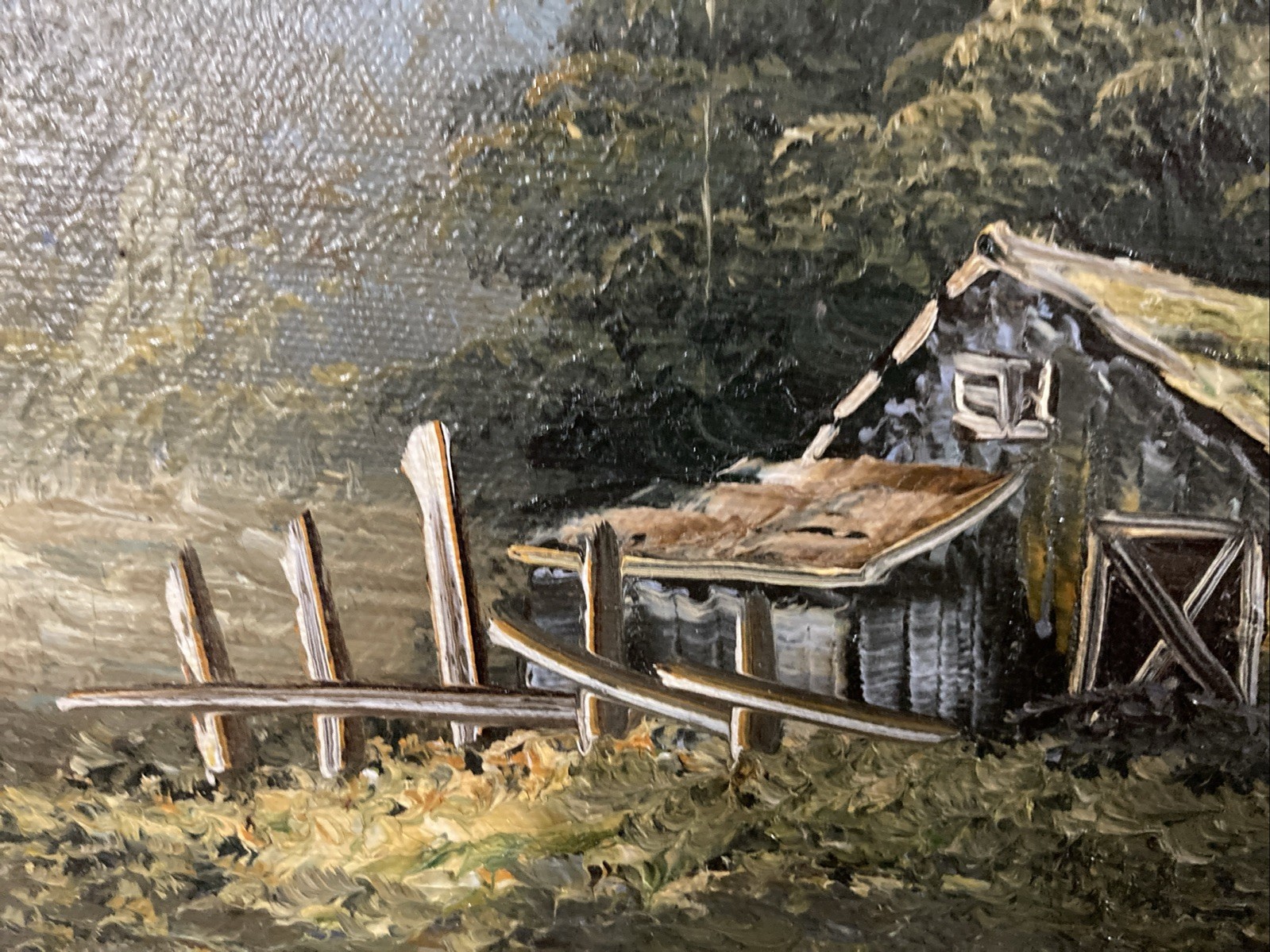 Oil On Canvas Painting, Cabin in Forest Landscape, 20 X 24 Artist Sign Vintage