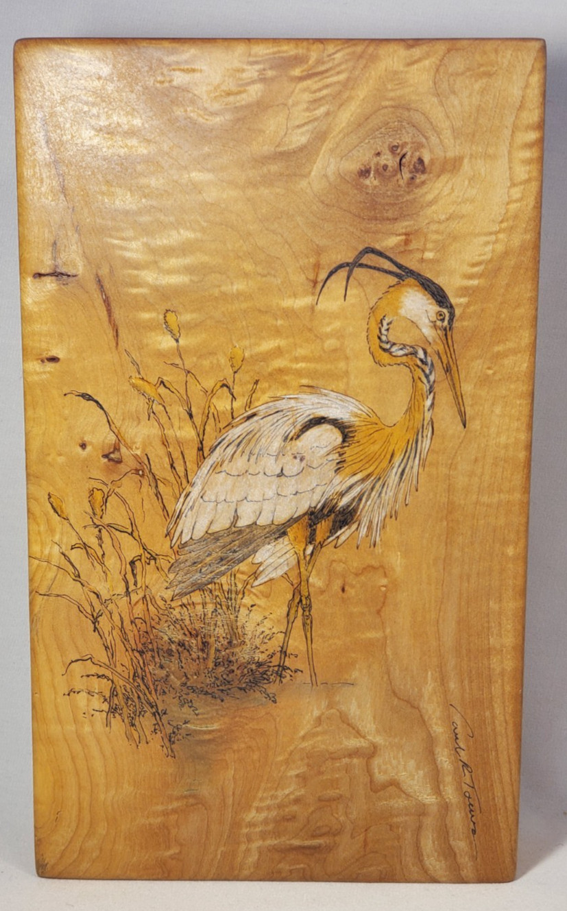 Great Blue Heron Original Cherry Wood Block Panel Painting Signed by Carl R. 12″
