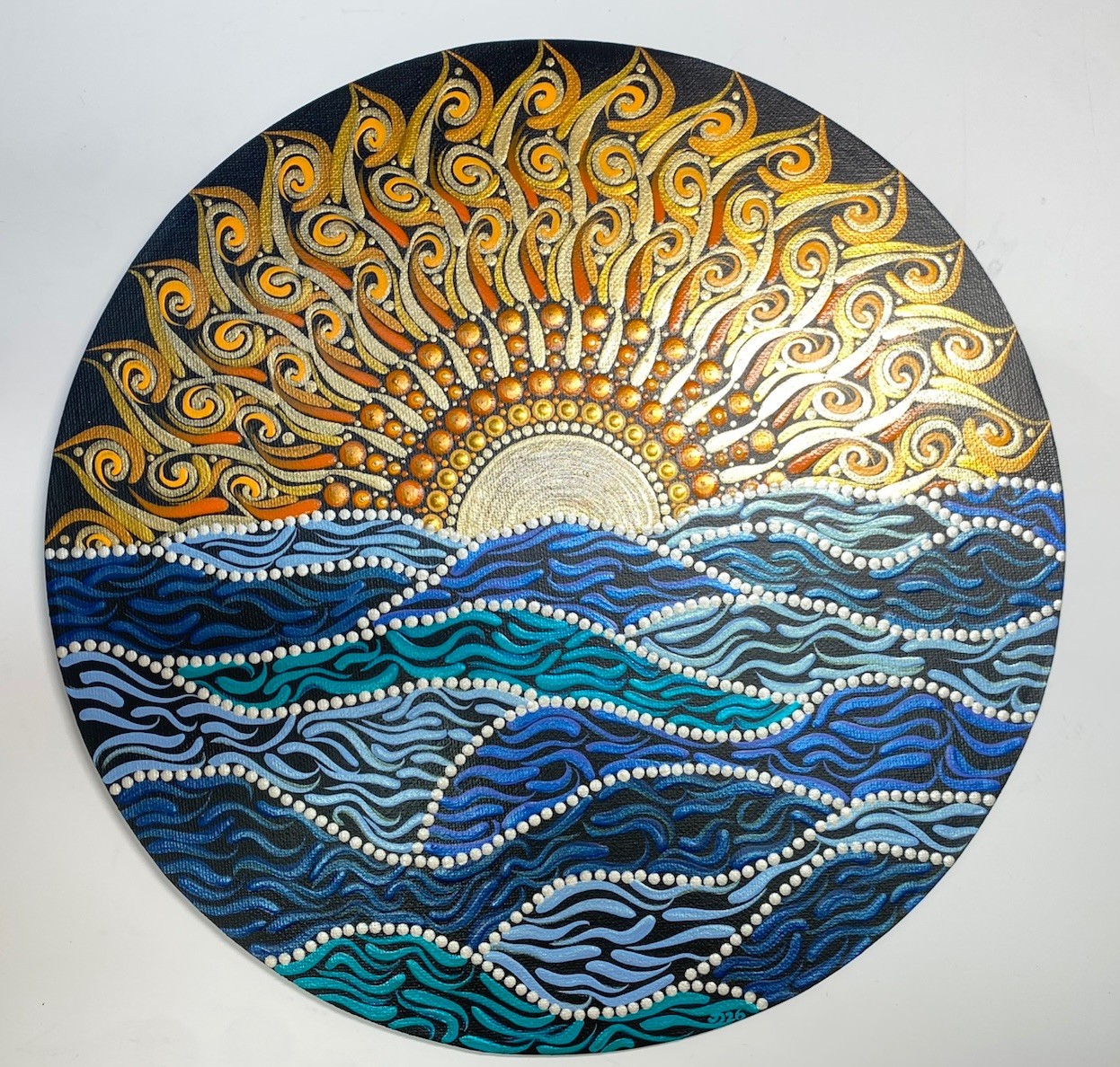 12” Sunrise Round Flat Mandala Canvas Painting – By JaDeL