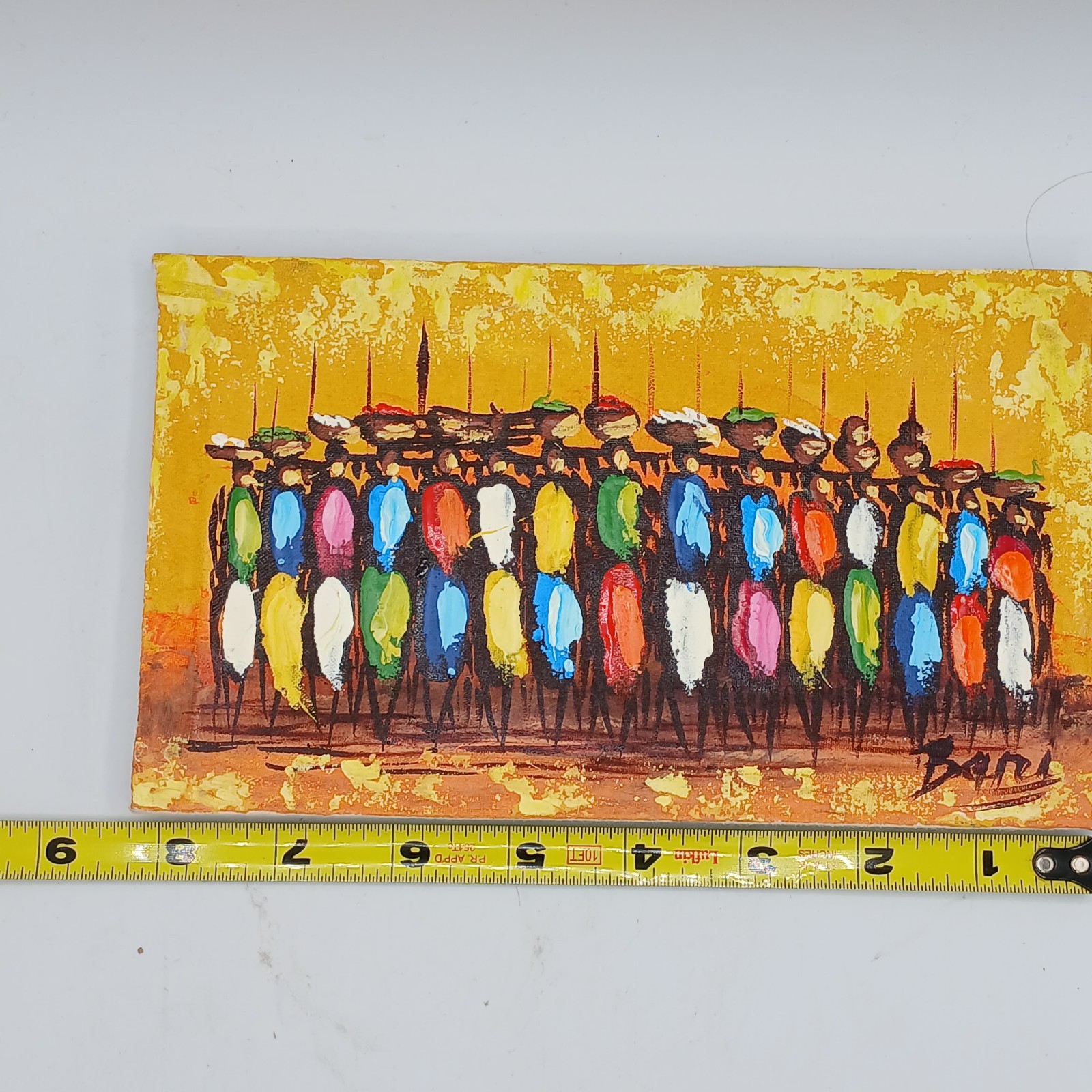 African Tribal Scene Painting Colorful Figures on Textured Board Luanda Angola