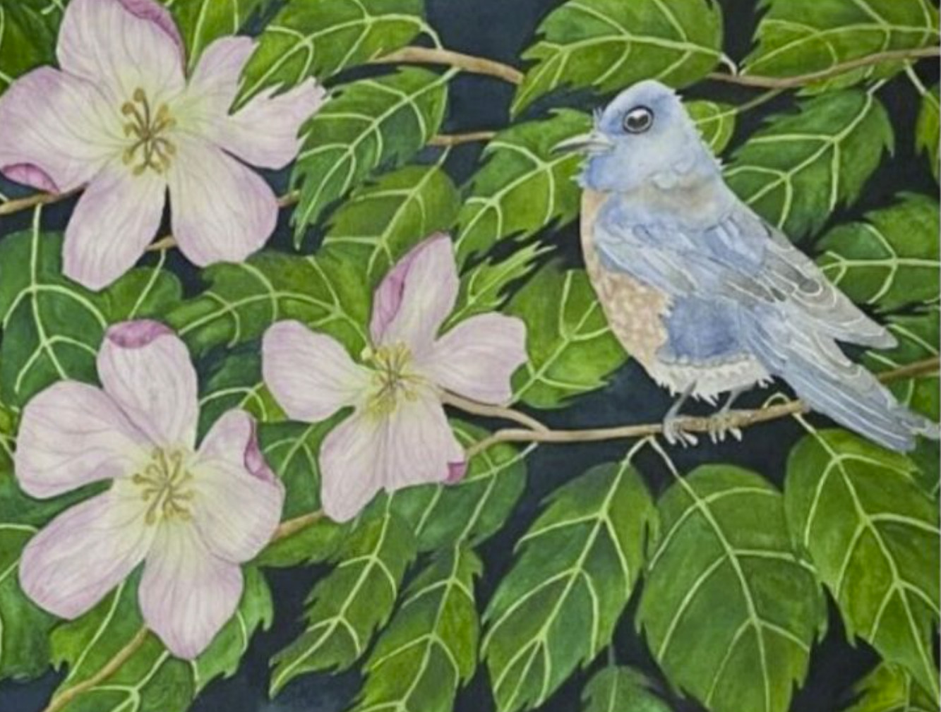 PAINTING WATERCOLOR 11X14 & DOUBLE WHITE MAT 16X20 FLOWER APPLE FLOWER BLUEBIRD
