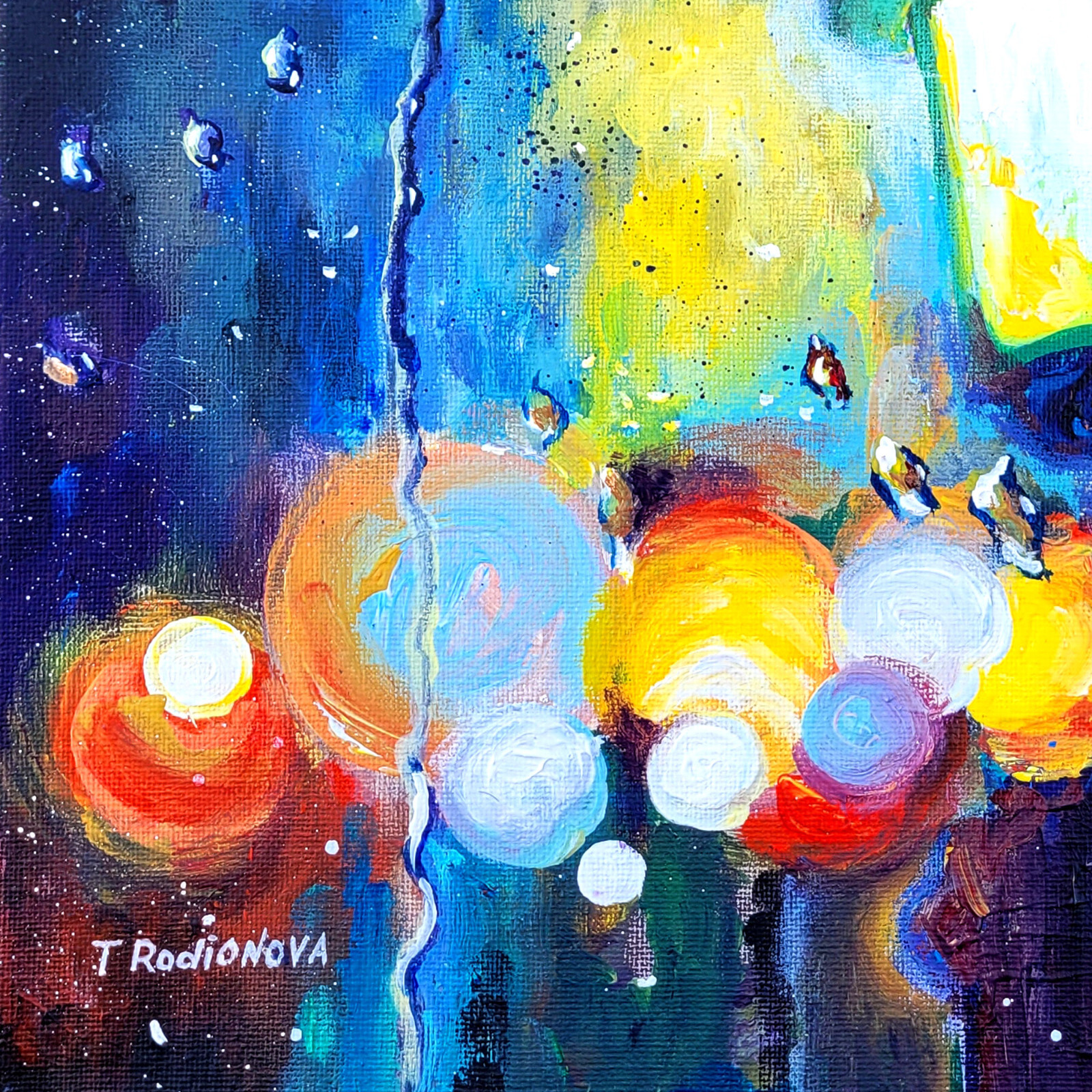 original acrylic painting Rainy city New York on stretched canvas 12×12 in