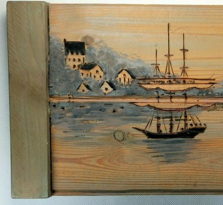 Fine American Folk Art Thom Cassotta harbor view wood painted & Burned Technique