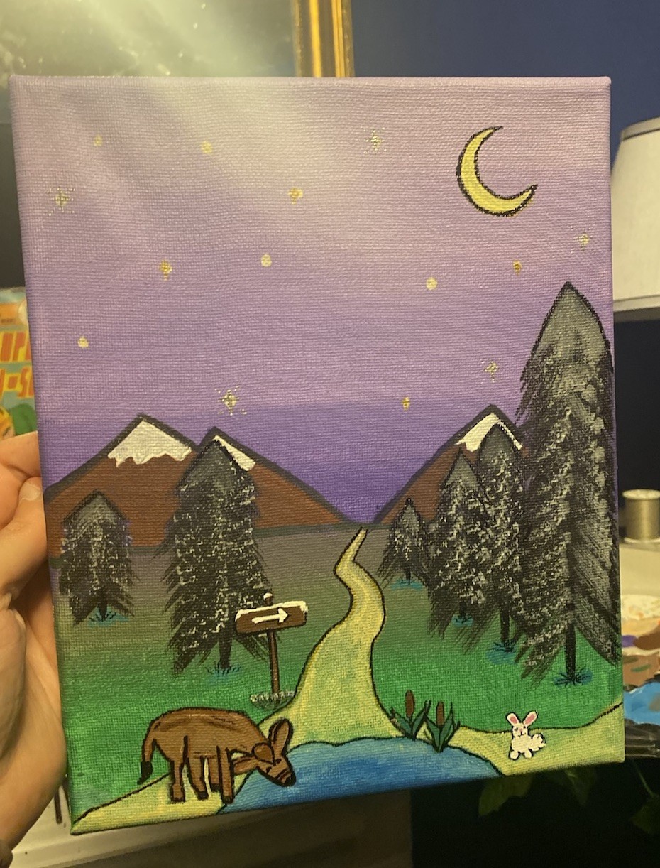 Hand-Painted Acrylic Canvas Landscape Art with Deer, Rabbit, Night Forest