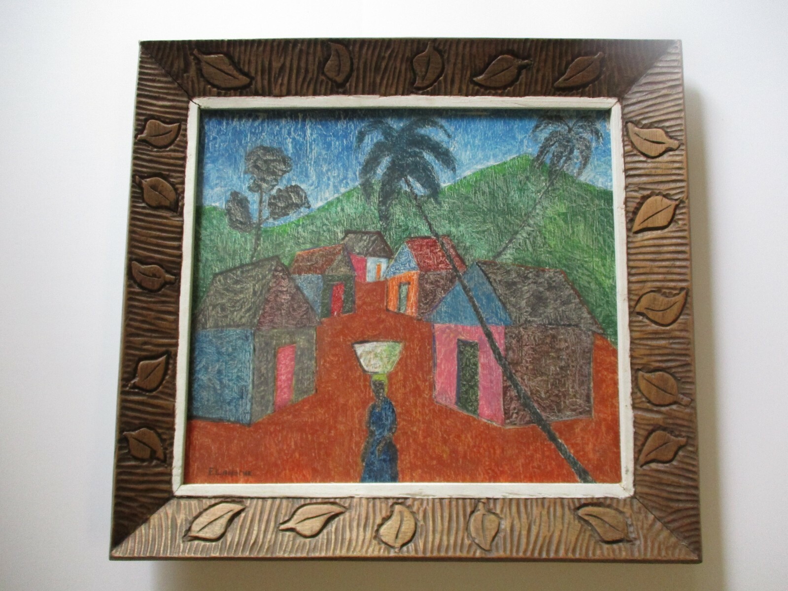VINTAGE HAITIAN PAINTING TROPICAL FOLK ART VILLAGE PALM TREES MODERNISM LISTED