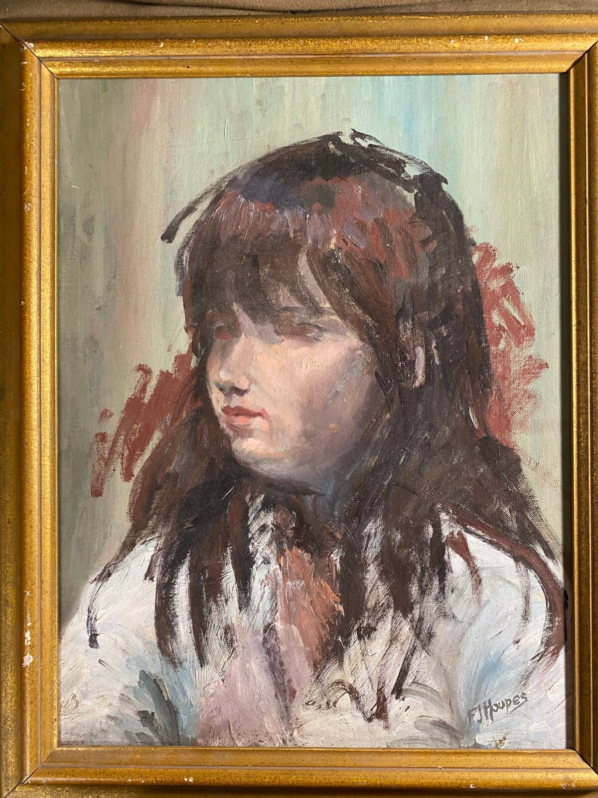 Florence J Hoopes (1894-1984) «Portrait Of Young Girl» Oil Painting – Framed