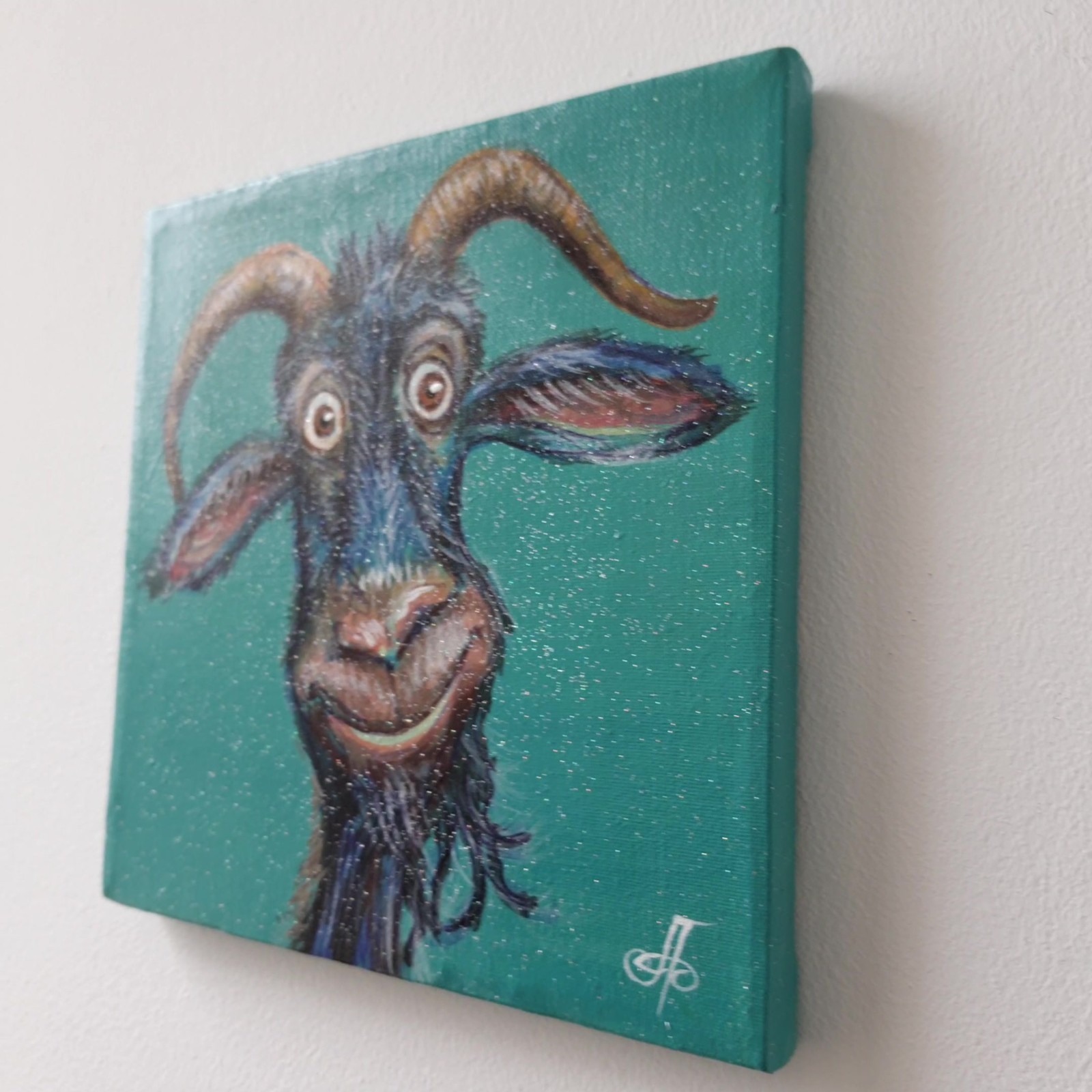 Original Acrylic Painting Funny Blue Goat Horns Smirk Small Hand Painted Canvas