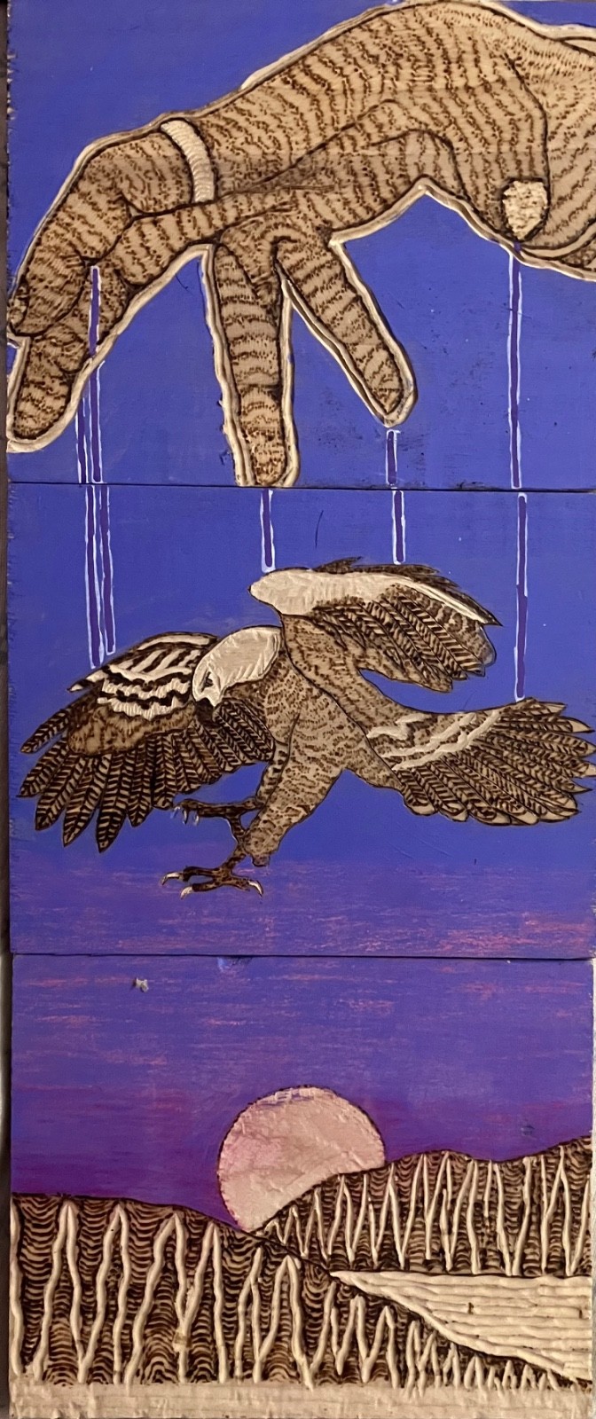 Tryptich hand puppeteering a hawk over a mountain landscape done in wood burning