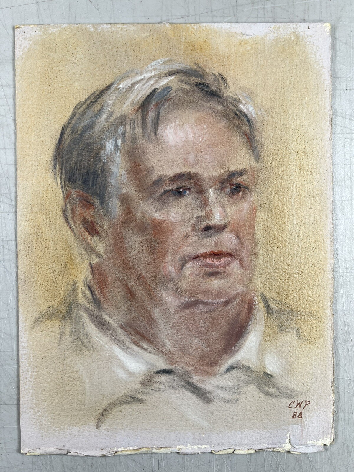 Vintage Original Watercolor Painting Portrait Of Older Man Grandpa Signed 1988
