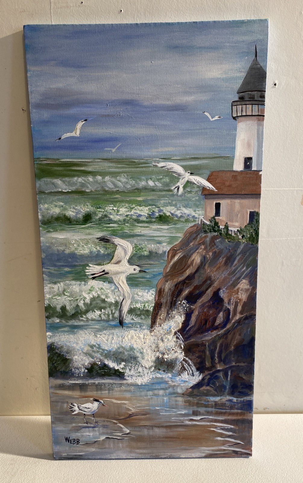 Seascape Lighthouse Acrylic Painting Signed WEBB Waves Crashing Rock Seagulls