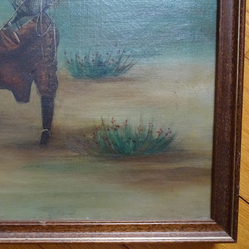 Antique Original Oil Painting on Canvas COWGIRL Roping A Bull Framed 17×16 in