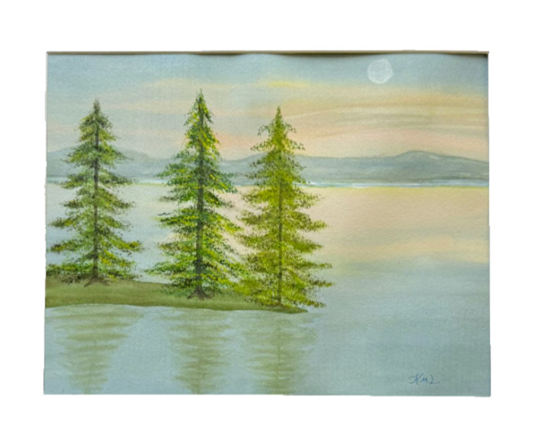 PAINTING WATERCOLOR SUNSET TREES EVERGREEN LAKE LANDSCAPE GREEN 11X14 MAT 16X20