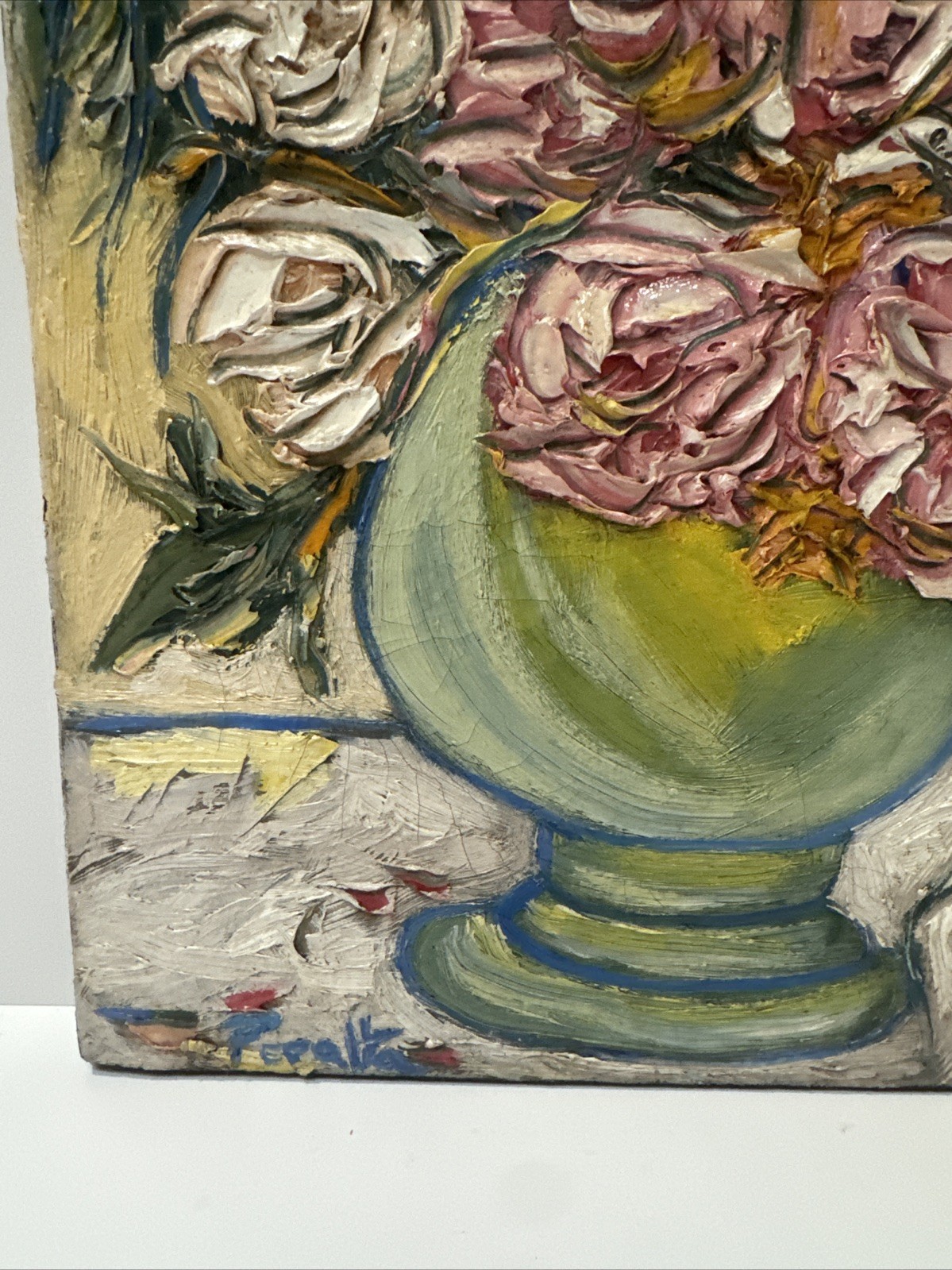 SMALL IMPRESSIONIST FLORAL PAINTING SIGNED PERALTA STILL LIFE FLOWERS CHUNKY OIL