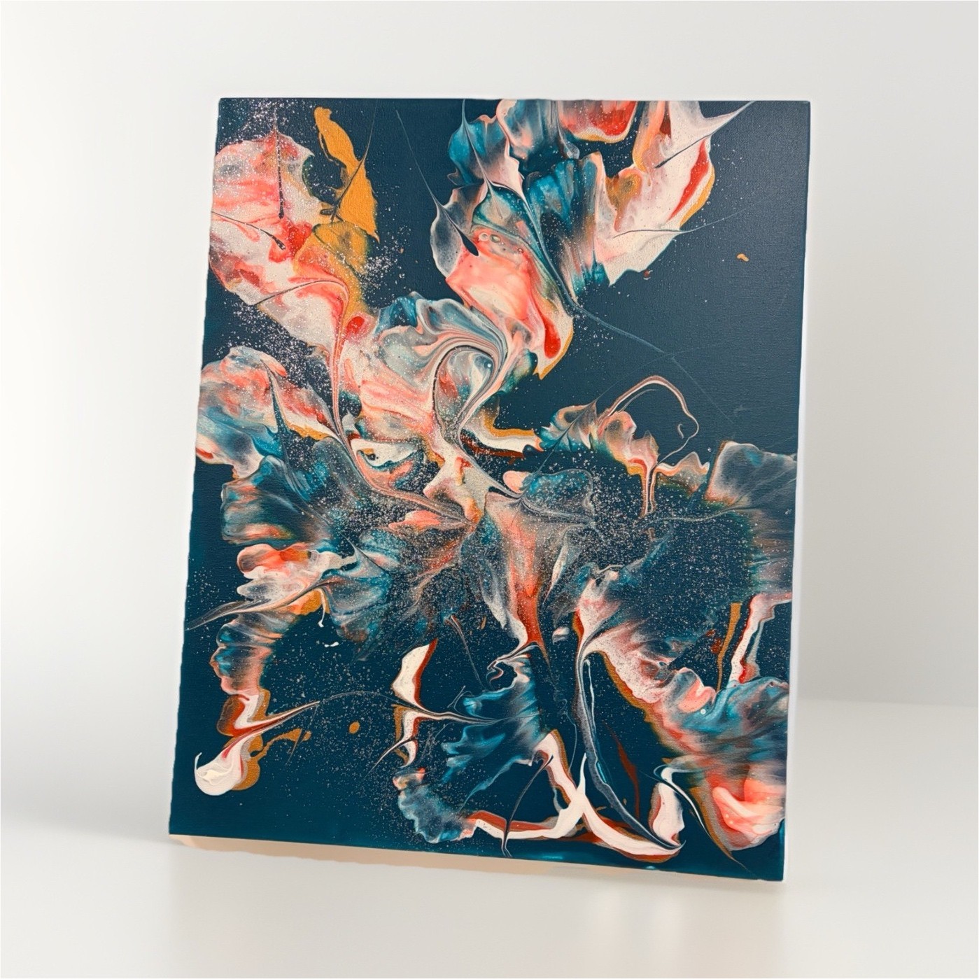 Abstract Fluid Art Painting on Canvas – Blue White Pink & Orange, Unframed