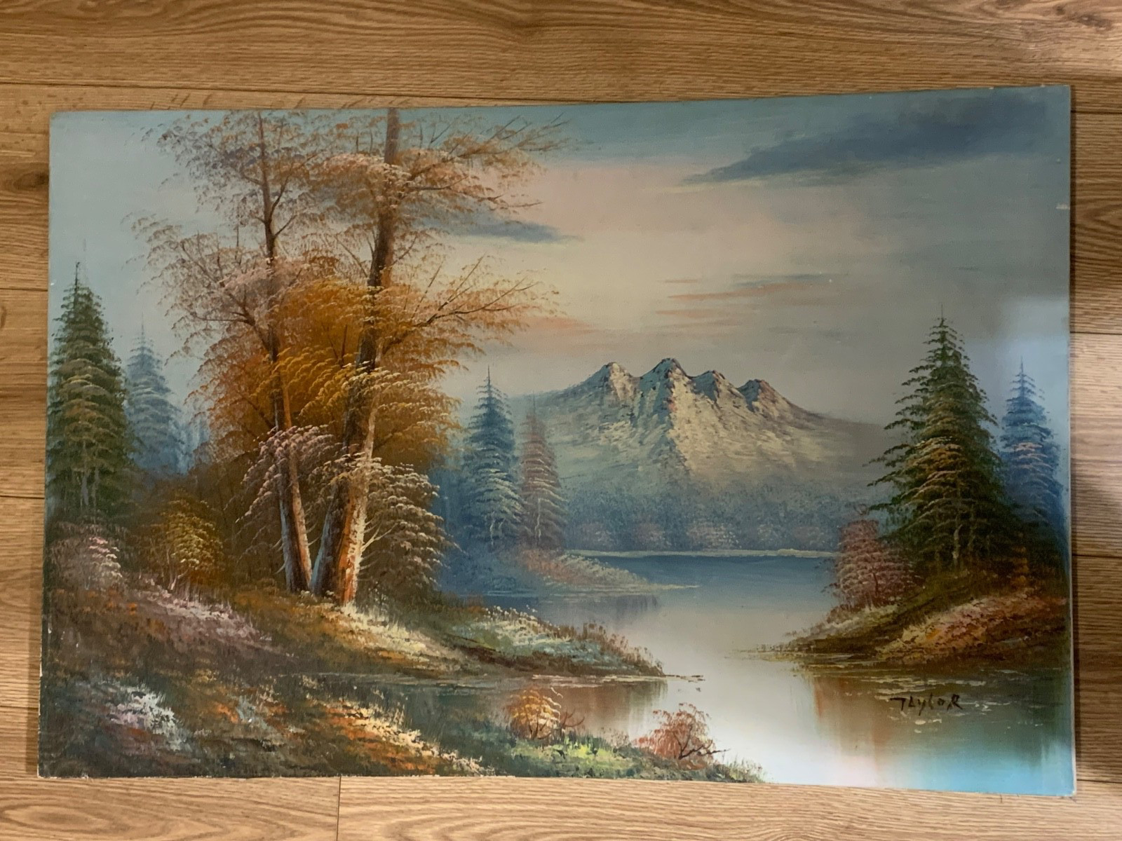 Original Mountain Lake Landscape Painting Signed Taylor on Canvas 36×24