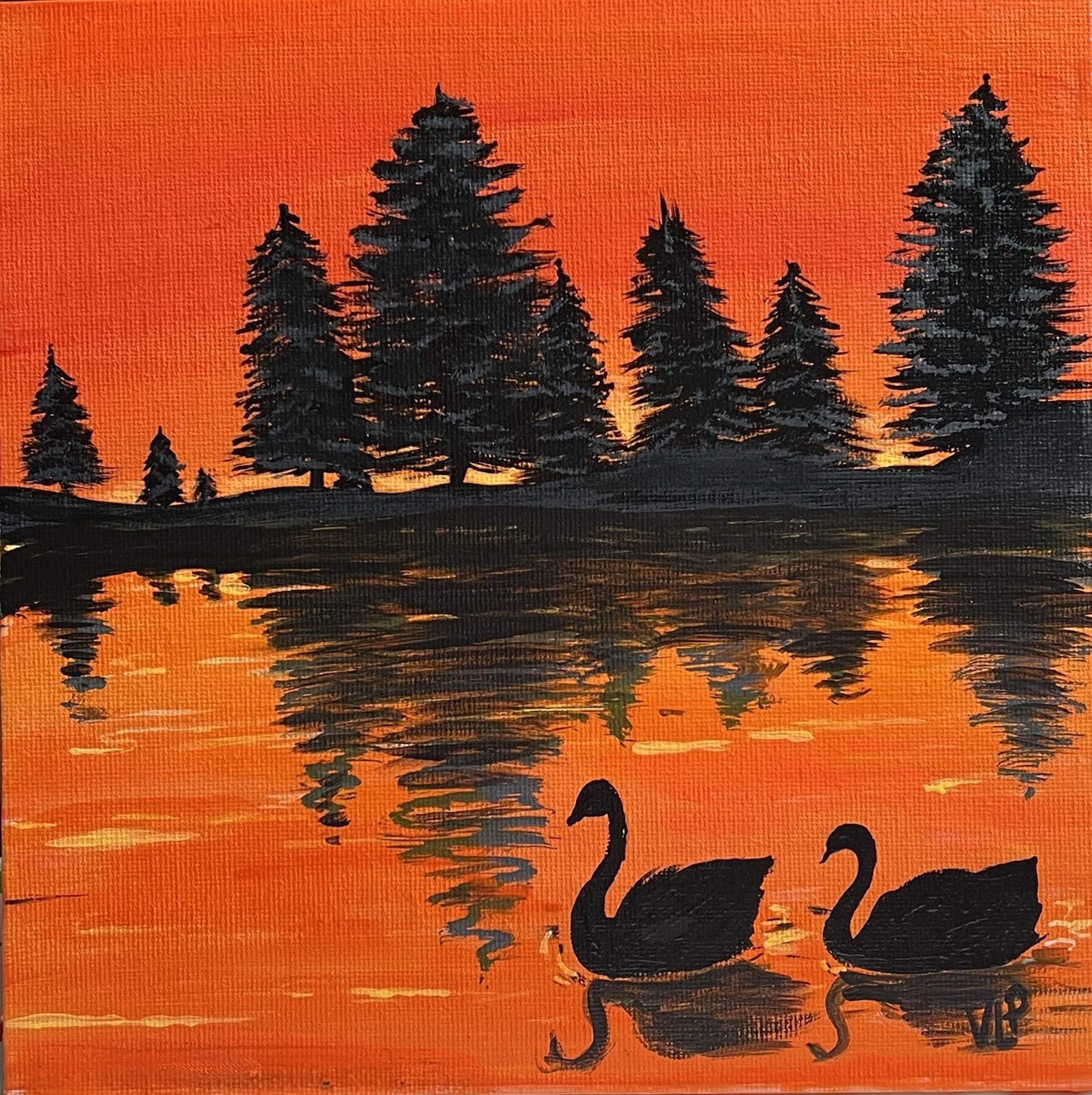 Sundown Swan Lake Reflections VLP Original Acrylic 8×8” Canvas Panel Signed COA