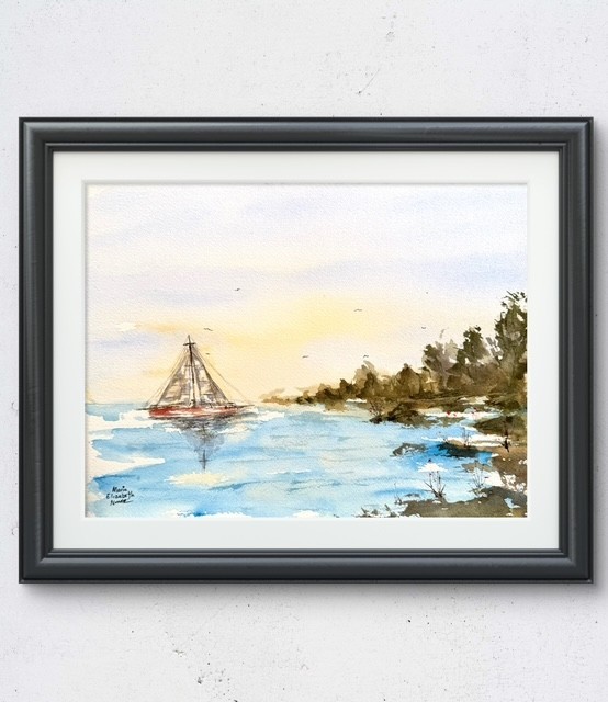 Maria Art SUNRISE SAIL BOAT 9×12 WATERCOLOR ARCHES Expression Original Seascape