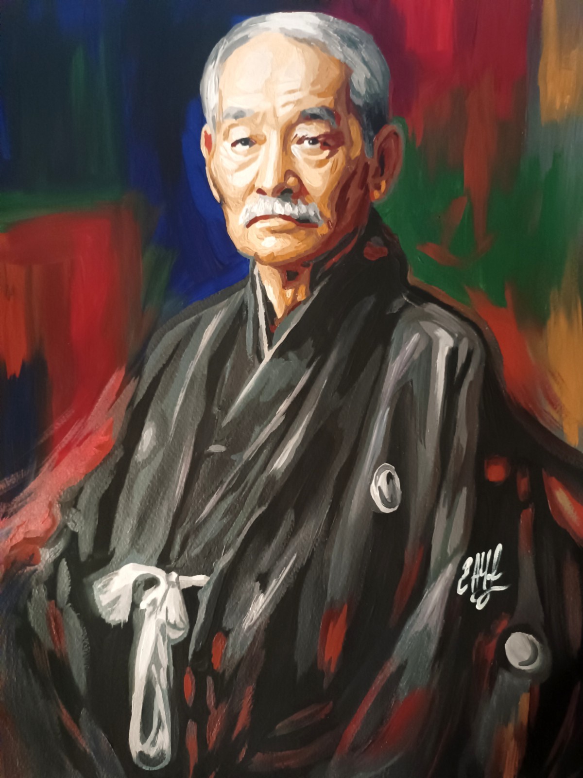 portrait of Kano Jigoro, judo, paper, acrylic, handmade