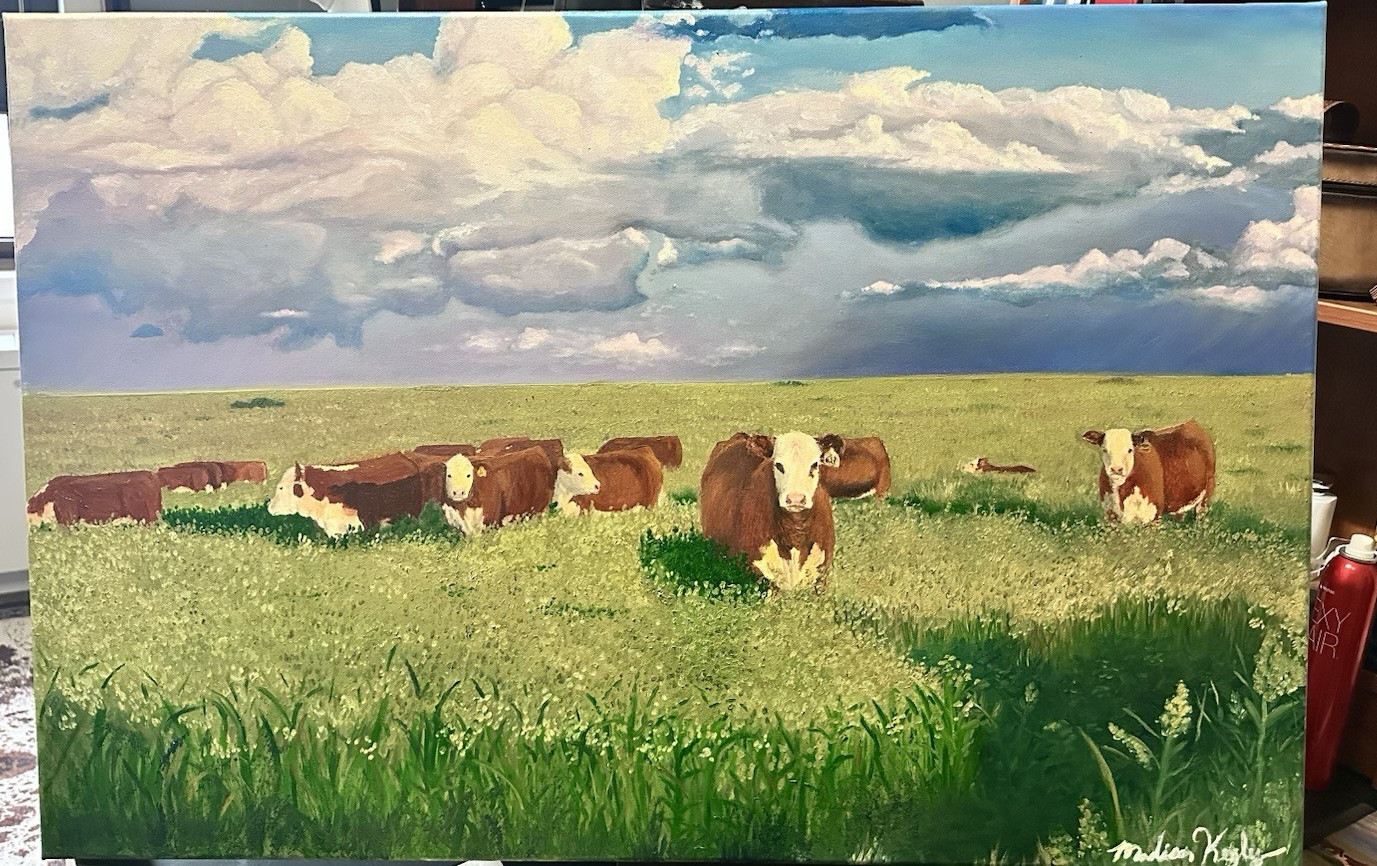 Madison Kegley Signed Large Realism Cow Landscape Painting on Canvas Unframed