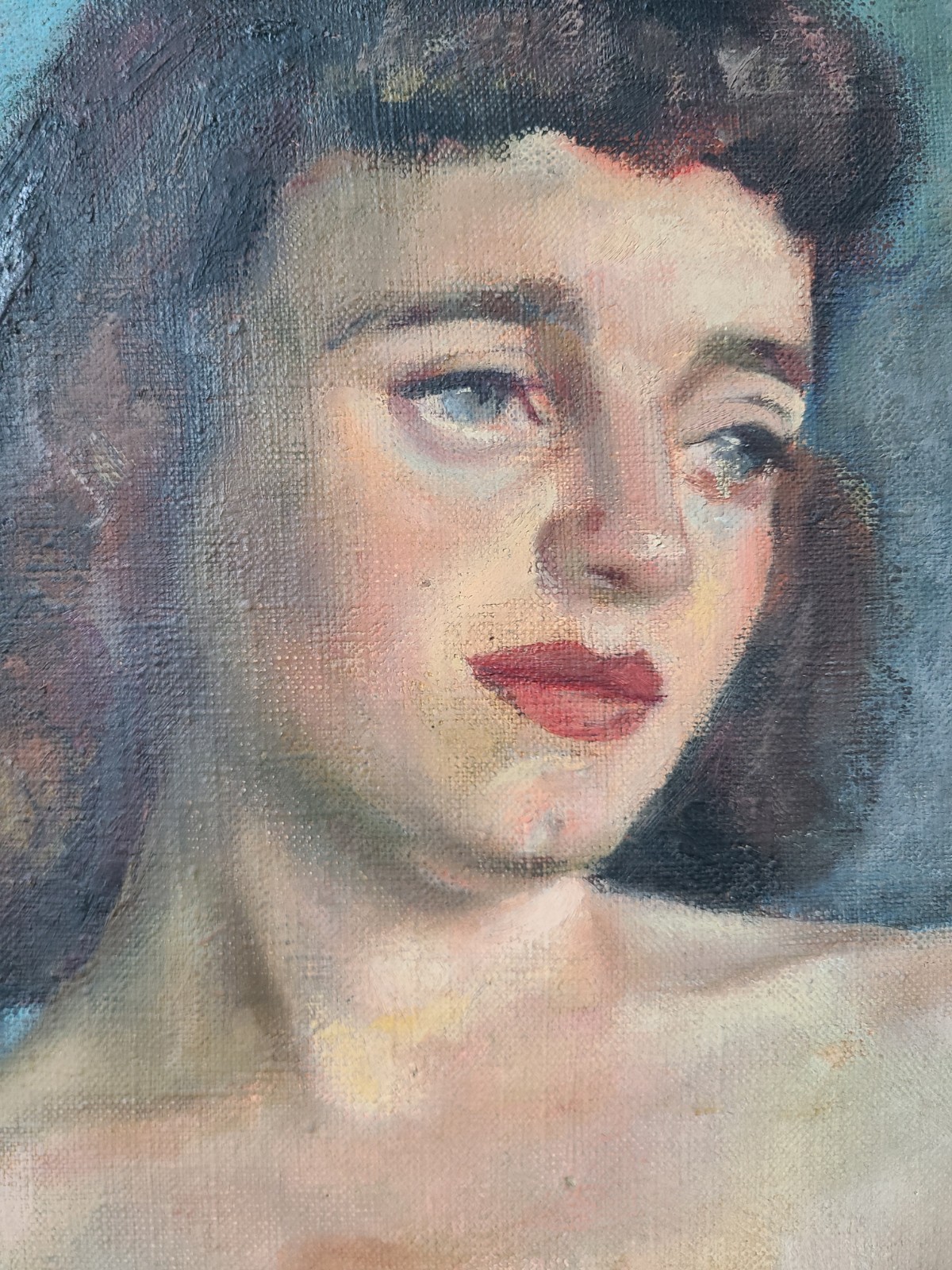 Moody Vintage 1950’s Oil Painting Nude Portrait of a Bettie Page Esque Woman