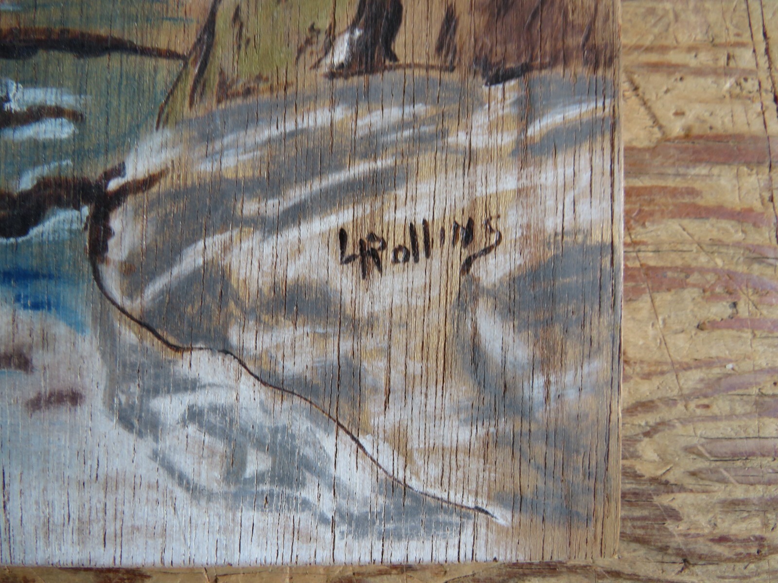 vtg Orignal Wood Burning painting Barn W/ Farm Landscape Rollins 11.25″x10″