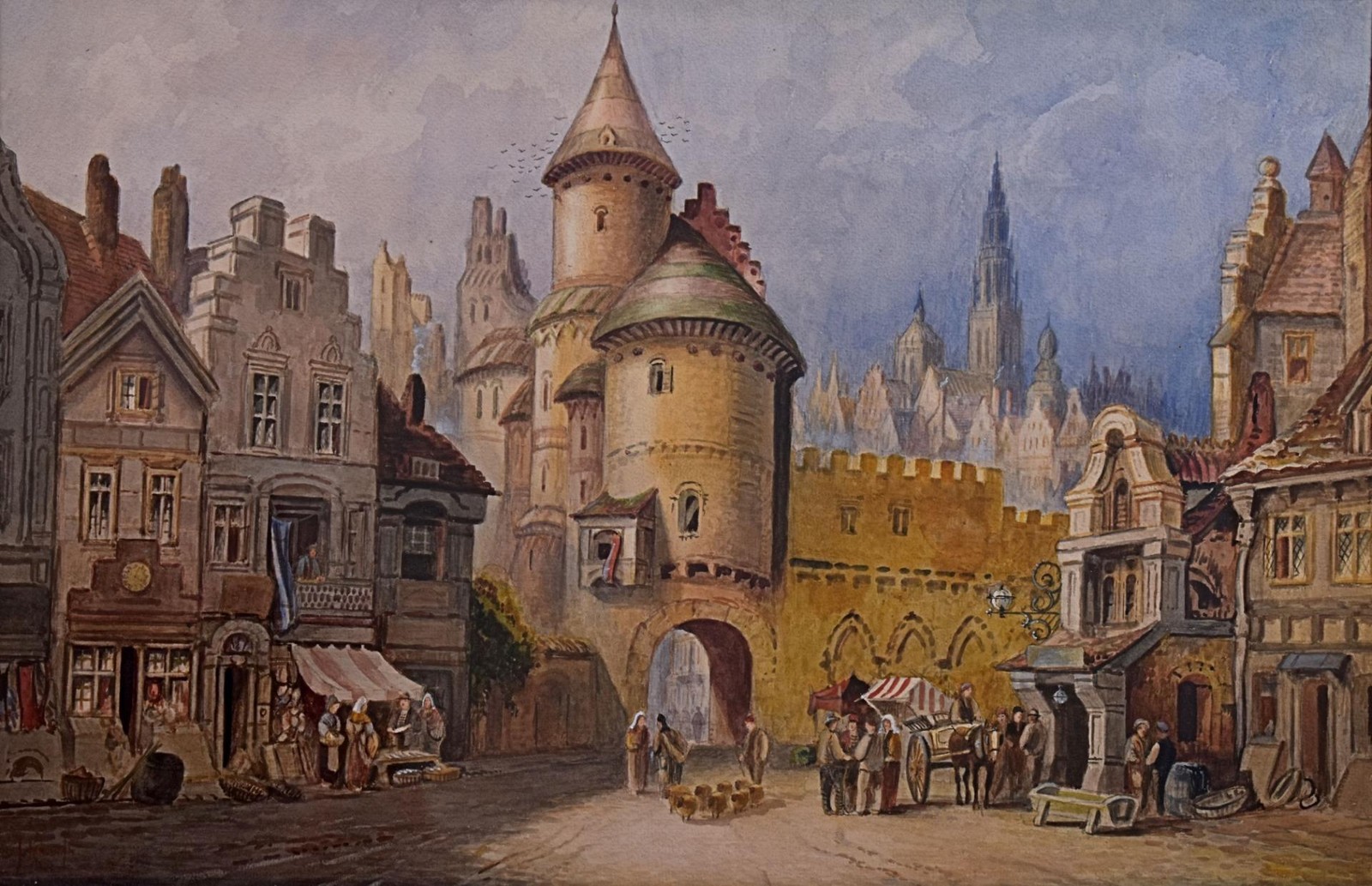 Market Day in Old Antwerp Antique Watercolour c1900 Cecil Jack Keats Belgian Sch