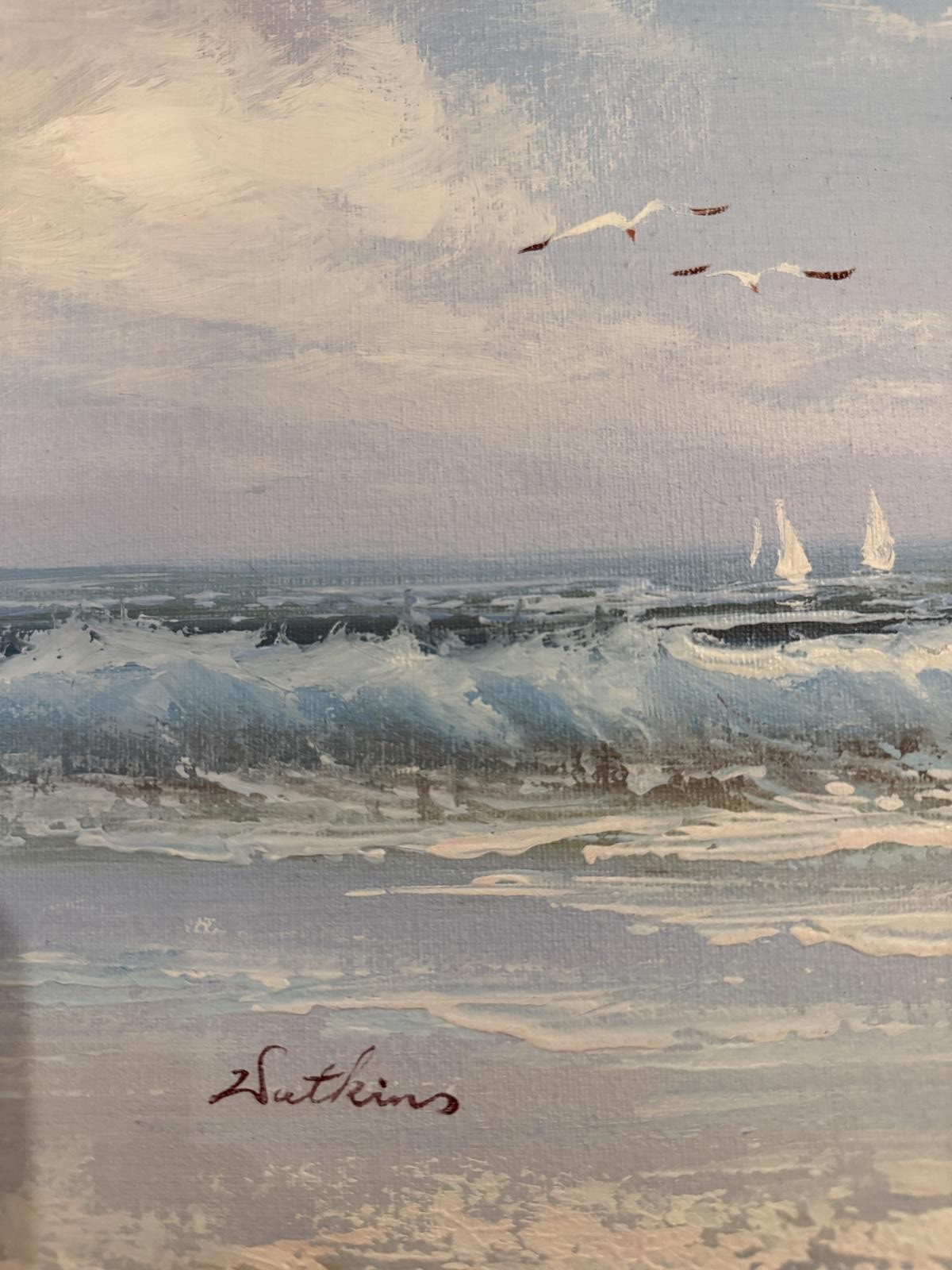 Vintage Coastal Oil Painting- Signed Watkins Framed 20×16″-Original Beach Scene