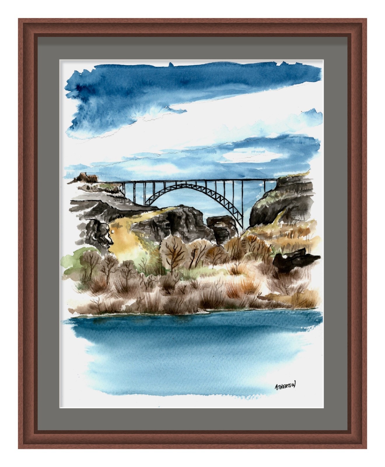 Atherton 9×12 Original Expressionism Watercolor Painting «Perrine Bridge» signed