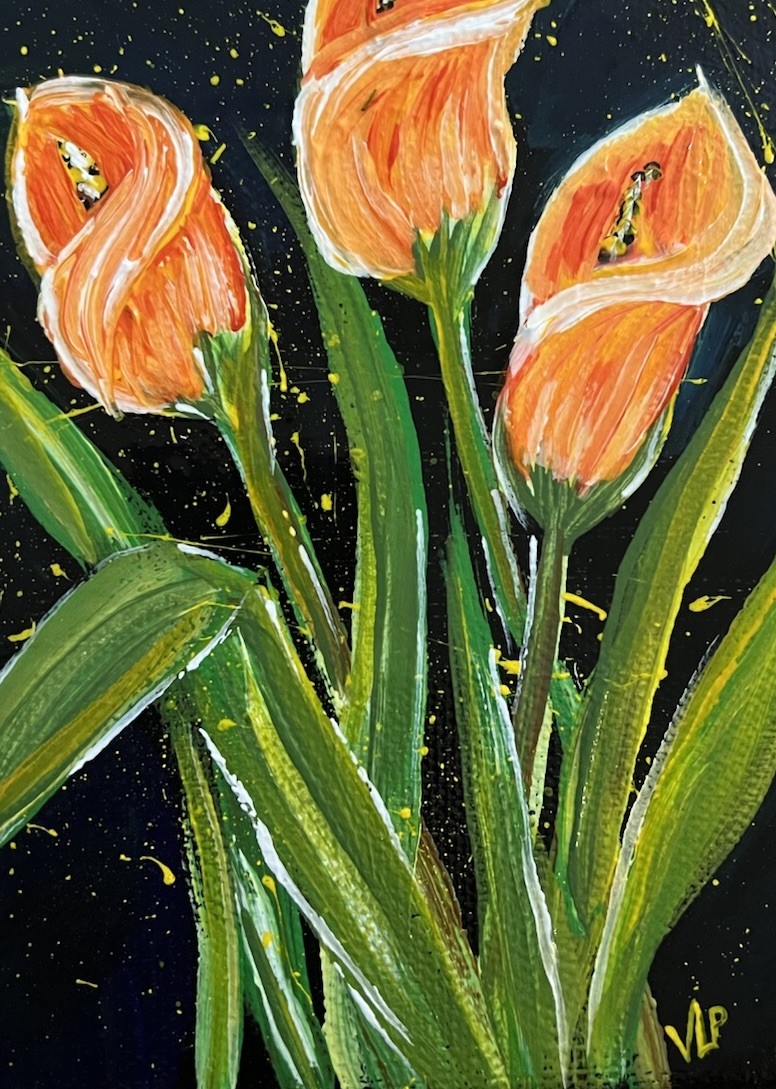 Three Flowers Abstract Calla Lilies Acrylic Small 5×7” Canvas VLP Original