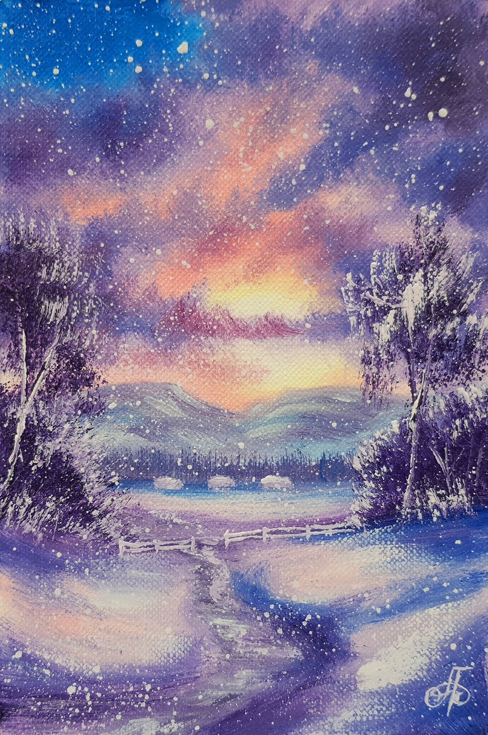 Winter Sunset Snowfall Landscape Cabins Mountains Path Holiday Decor Wall Art