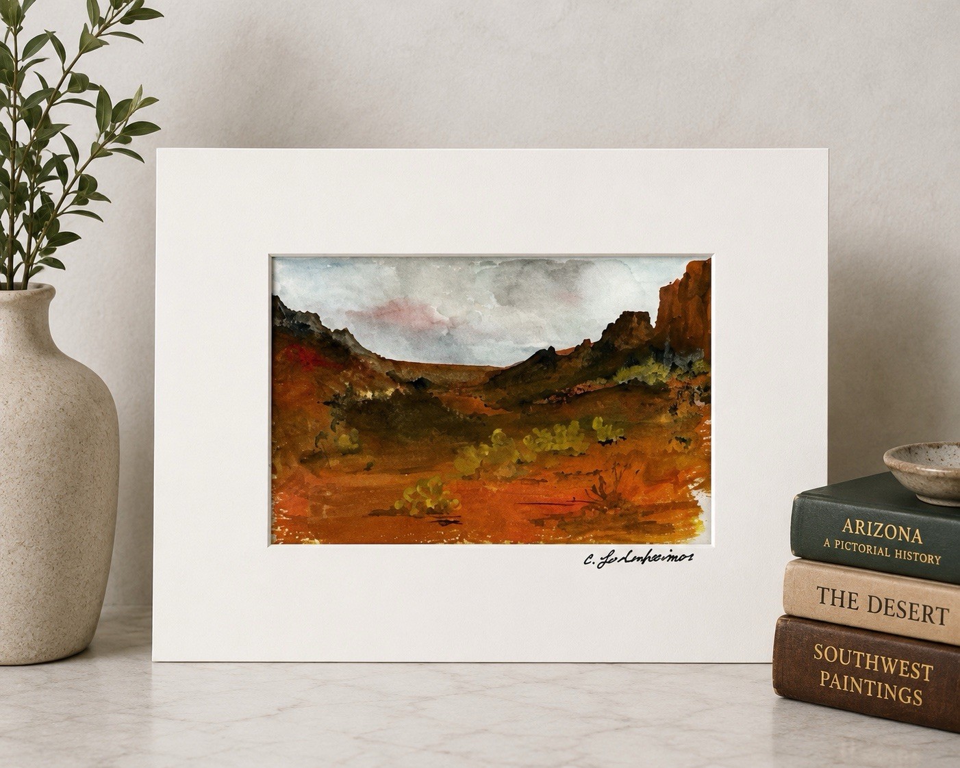 Signed C. Leidenheimer Southwestern Desert Landscape Watercolor Matted 10×8