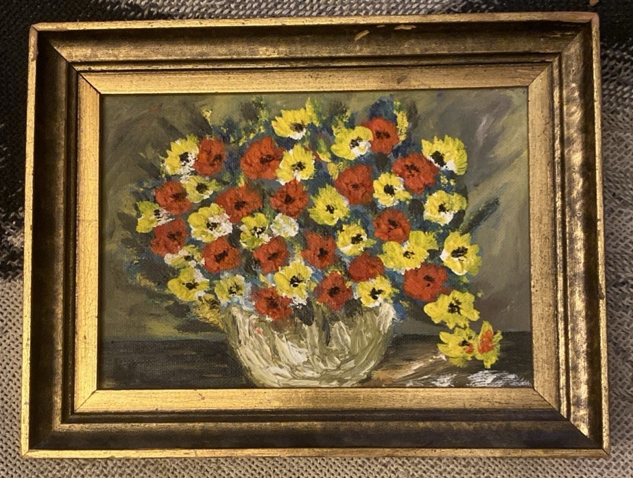 VTG Oil On Board Painting Still Life Flowers In Vase 8.5” X 6.5” Wood Frame