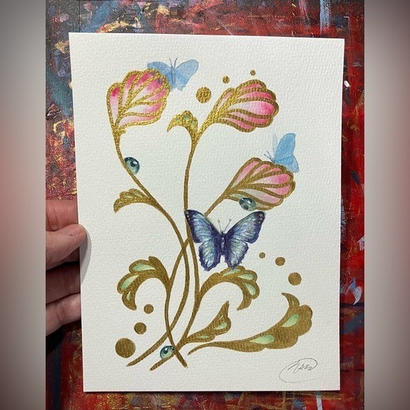 Butterflies Original painting Art Floral Gold accents Artwork Signed Artettina