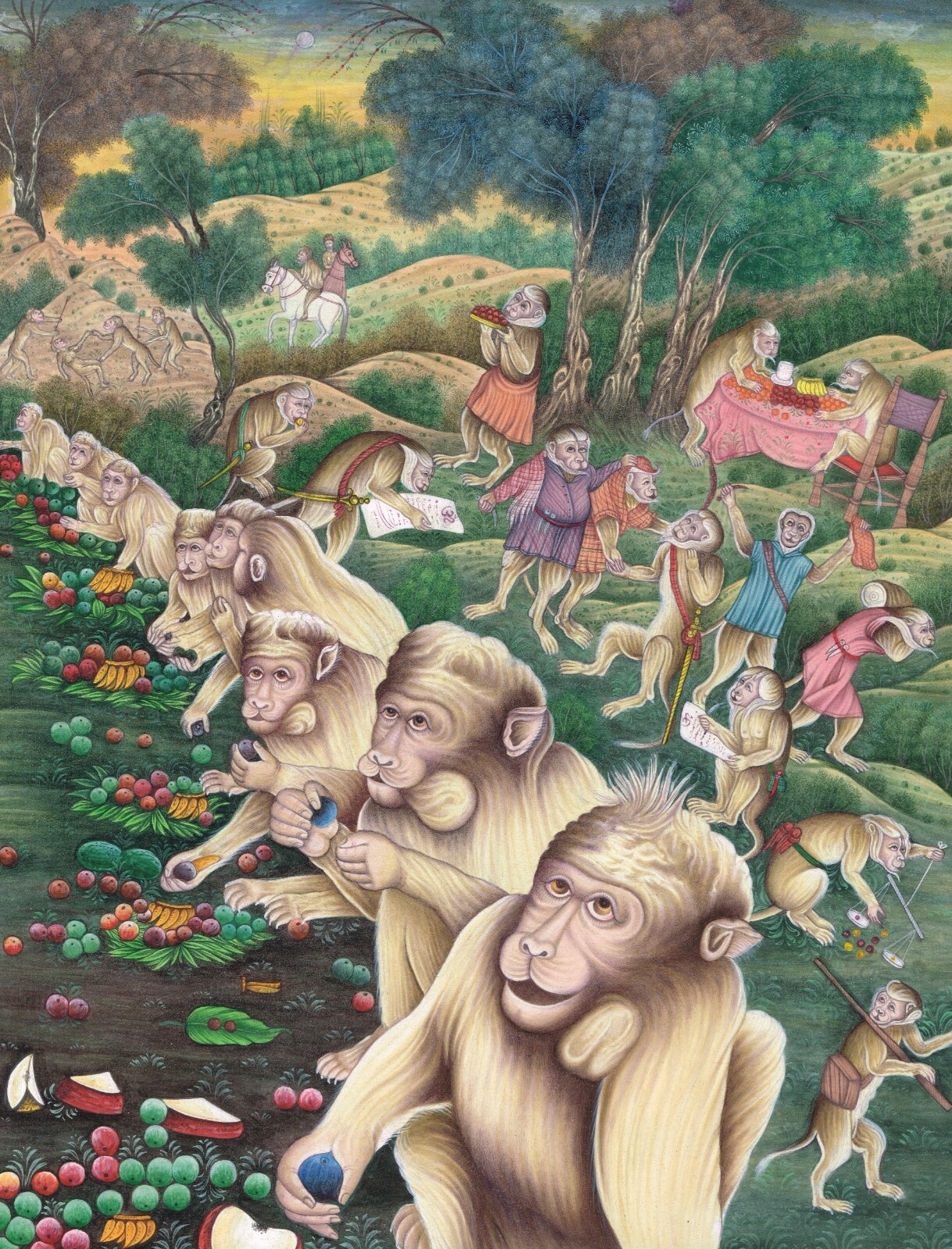 Indian Miniature Painting Of Monkey (ape) Market Art On Paper 10.5×13.5 Inches