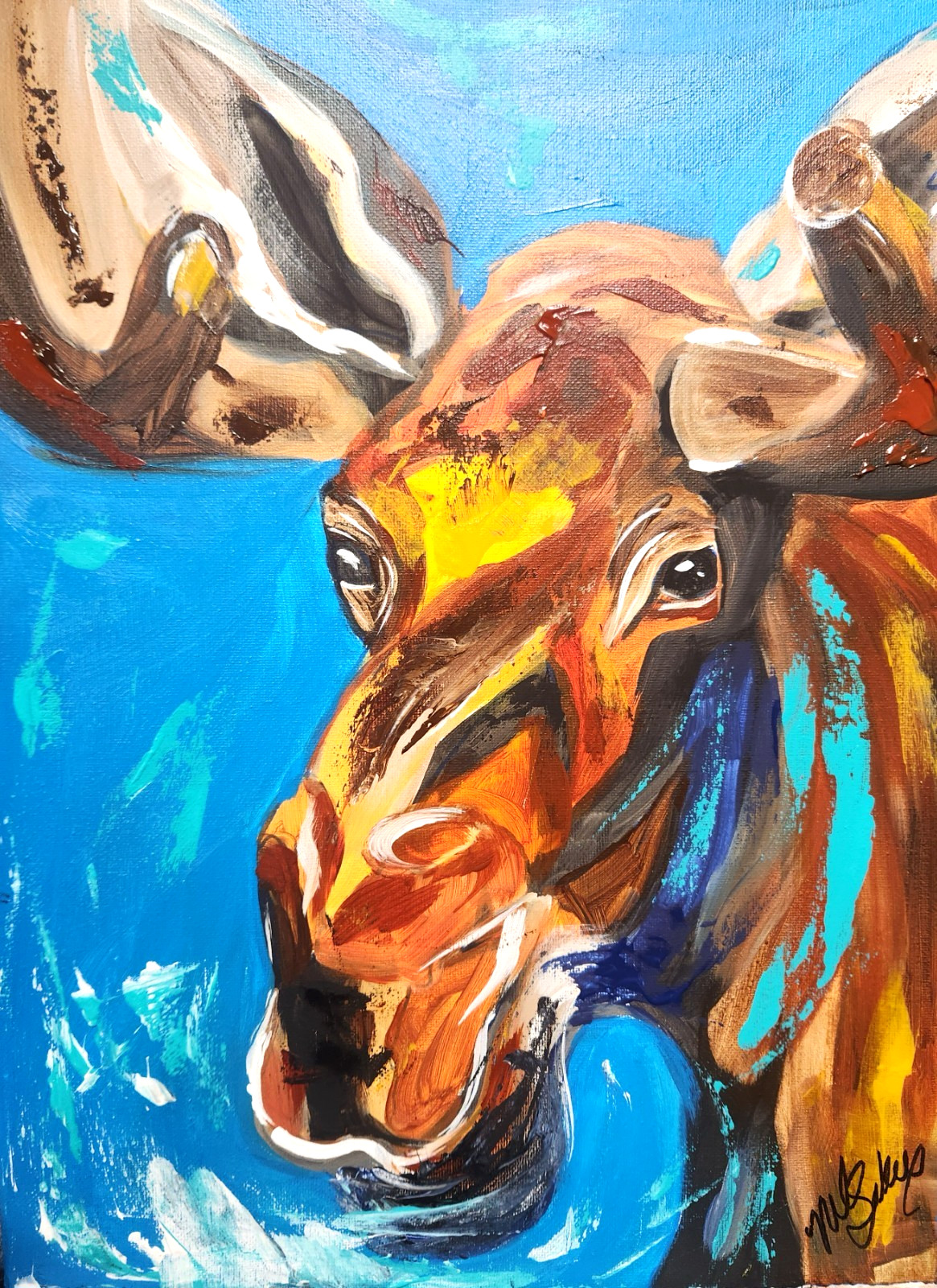 Colorful Moose Painting 12×16 Original Wildlife Lodge Wall Art by M Isaksen