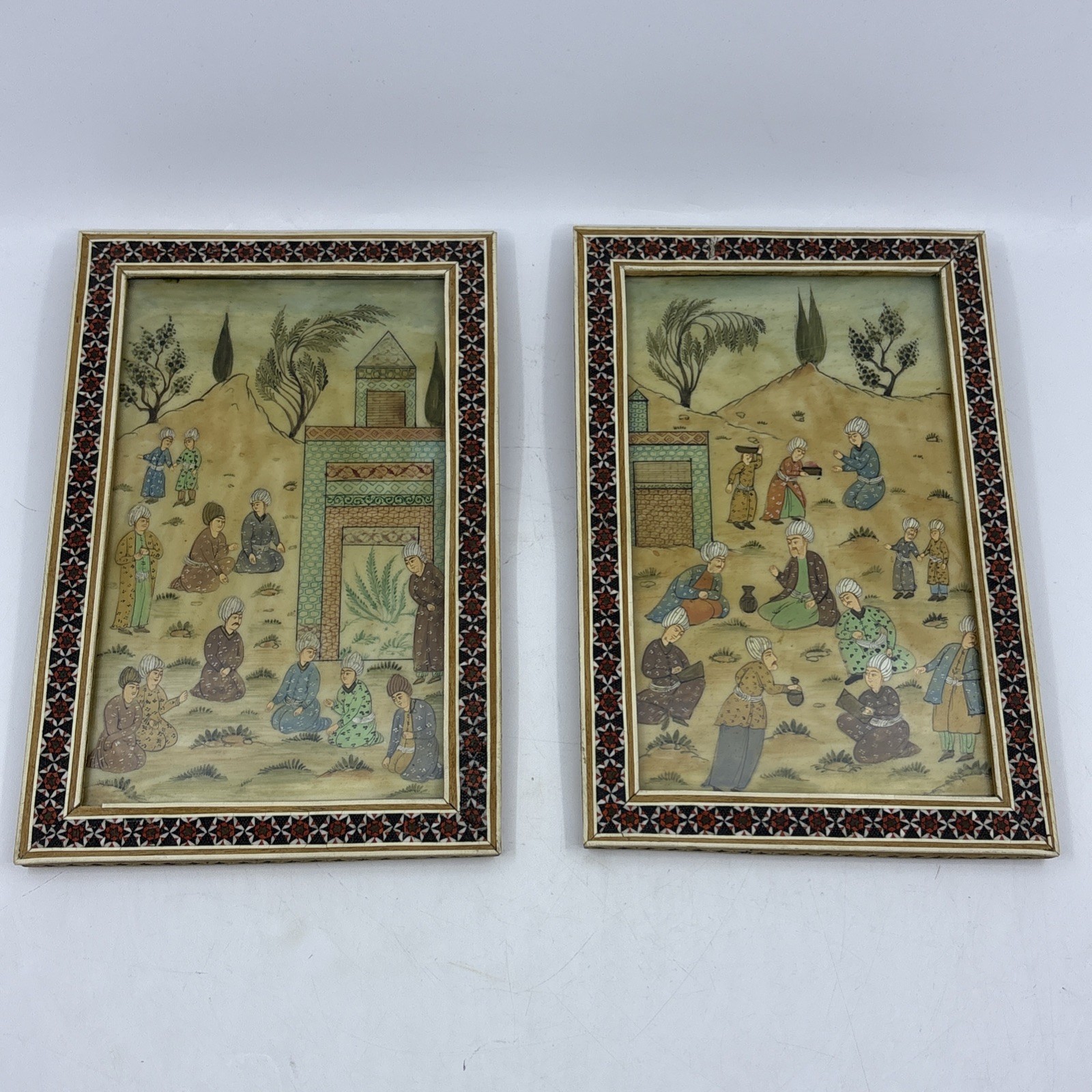 Set of 2 Vintage Persian Miniature Paintings with Intricate Wooden Frames
