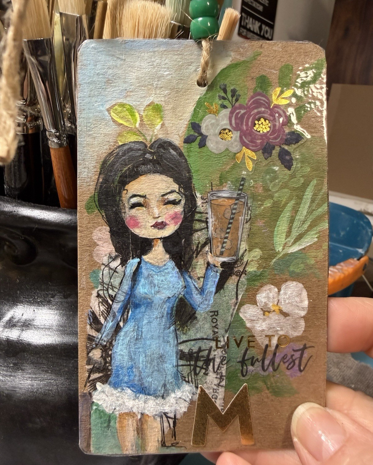 Handmade Luggage Tag Contemporary Mixed Media Painting , Woman & Flowers