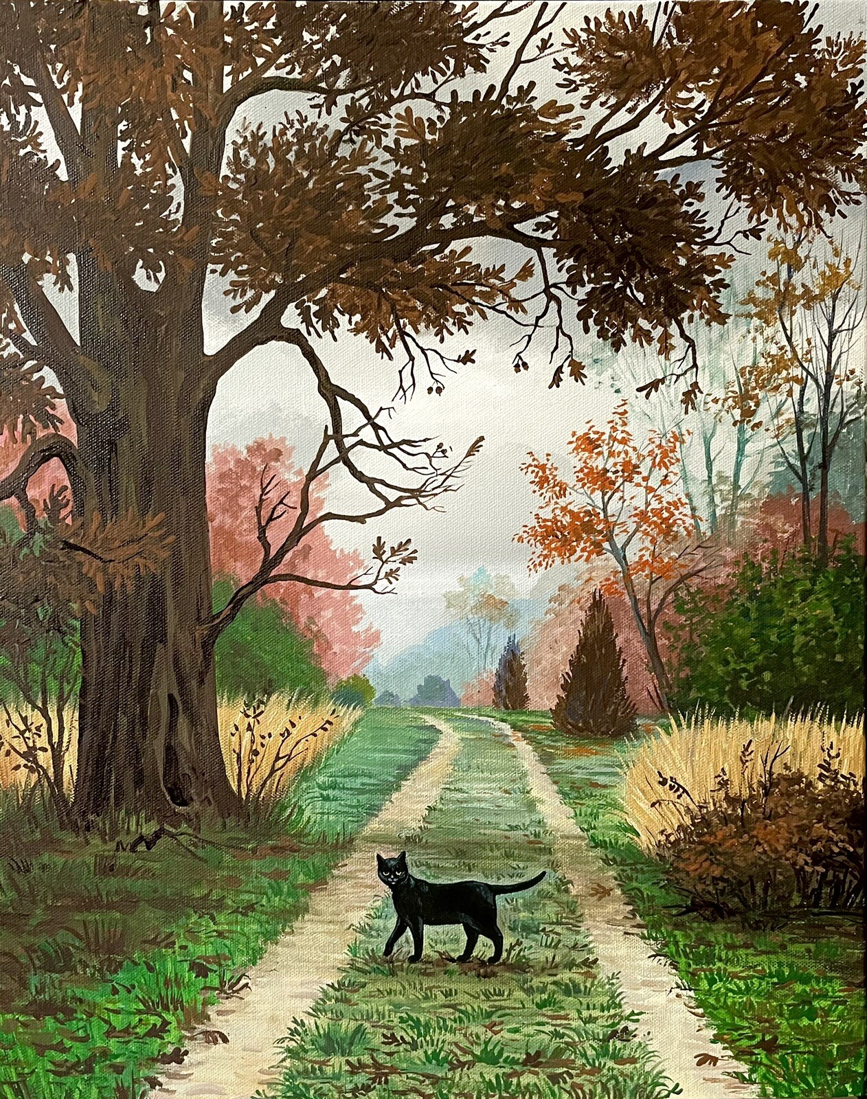 8X10 PRINT OF PAINTING RYTA BLACK CAT HALLOWEEN FOLK VINTAGE STYLE art landscape