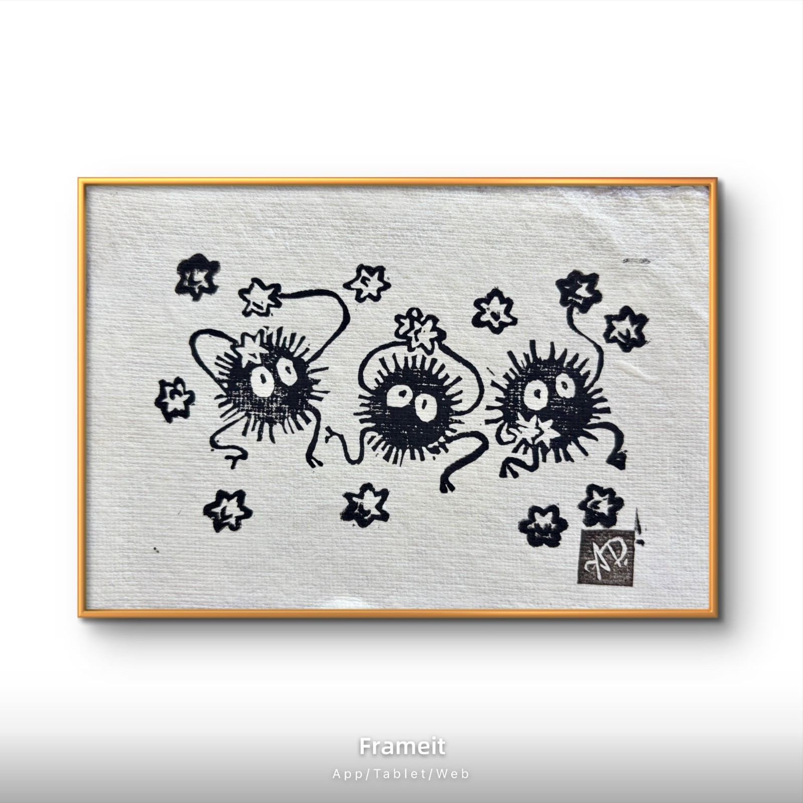 Original Soot Sprites 2 Linocut Hand Printed by Dyer- Mini Art 4×6 in. Ghibli