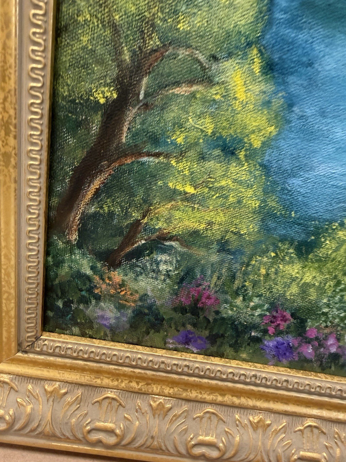 Original Signed Landscape Oil Painting Lake Swans Floral Garden Gold Frame 24×18