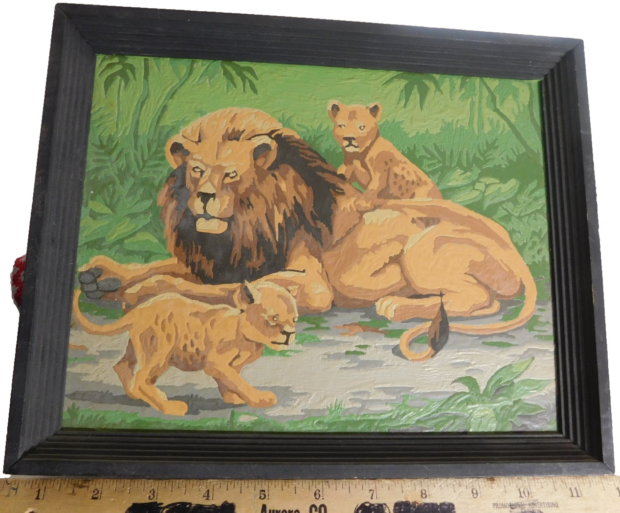 Lion and Cubs Framed 1950’s Hand Painted by Number USA Vintage aprox 8 x 10