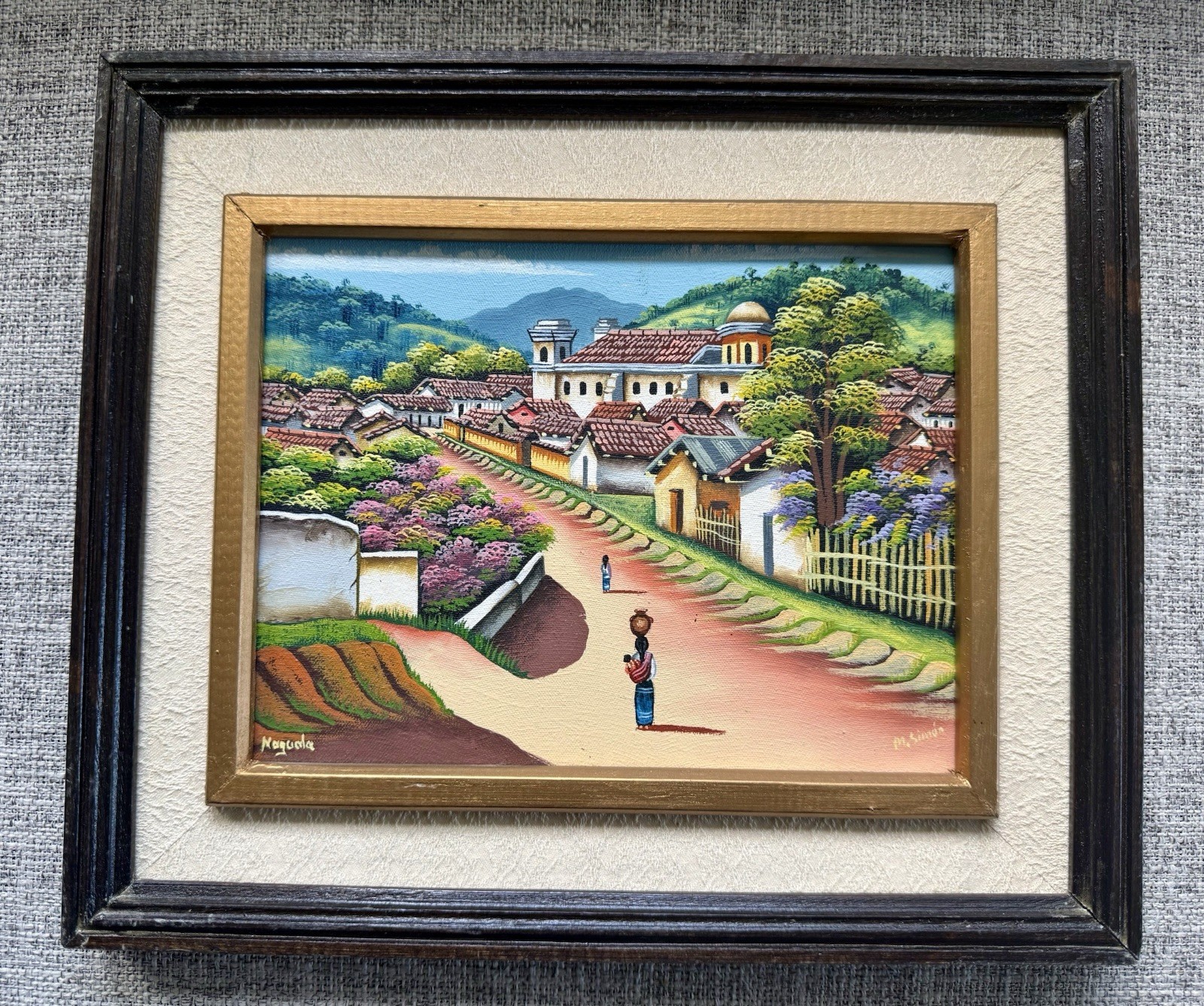 Costa Rica Folk Art Painting Signed Chorotega Naguala Town Homes Floral Vibrant
