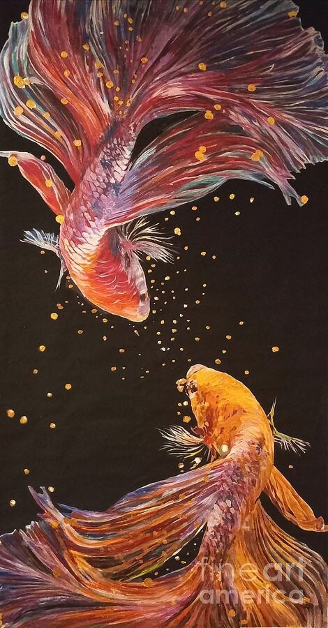 new handmade Painting on 40″*20″ canvas Colorful Koi Fish by Wendy