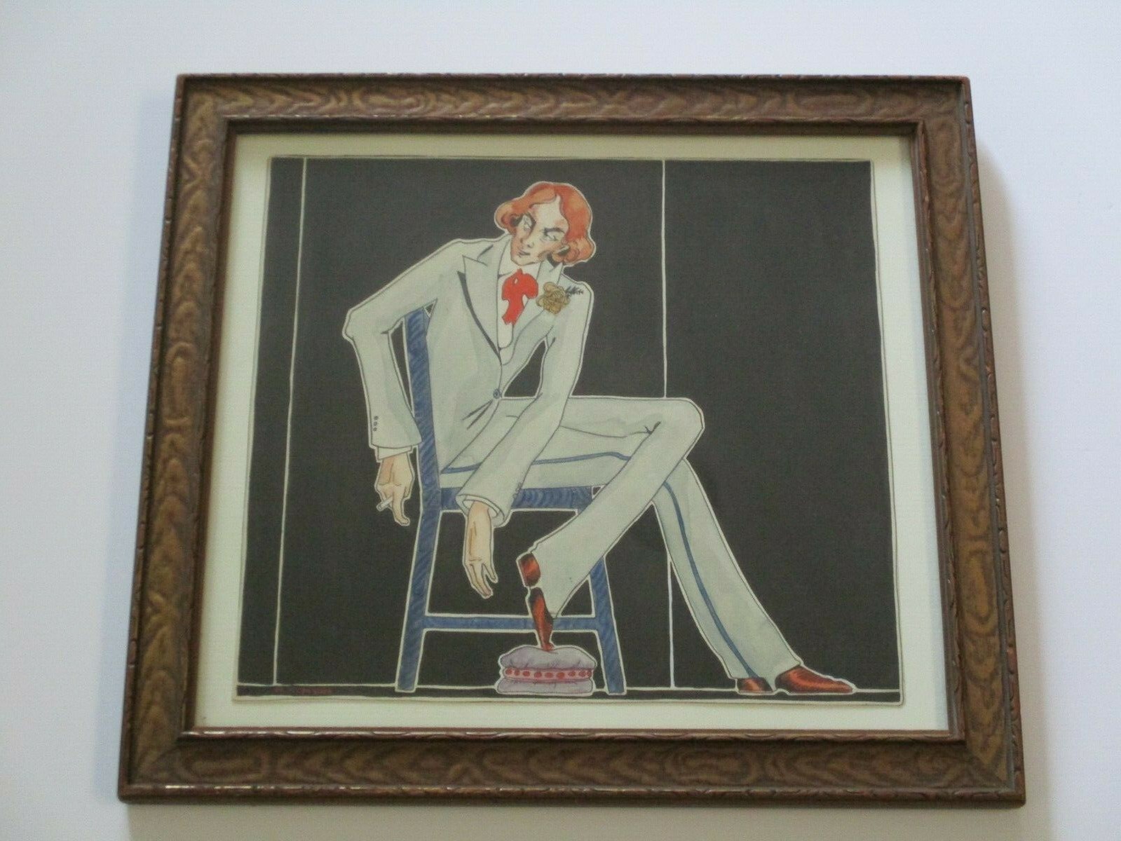 VINTAGE ANTIQUE PAINTING PORTRAIT SMOKING MAN IN SUIT SITTING SMOKING MODERNIST