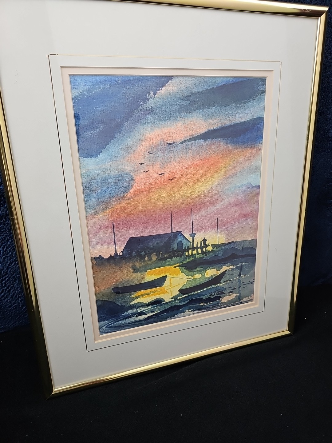 Vintage Watercolor Painting Sunset Ocean Fishing Boats Signed Art Framed 1972