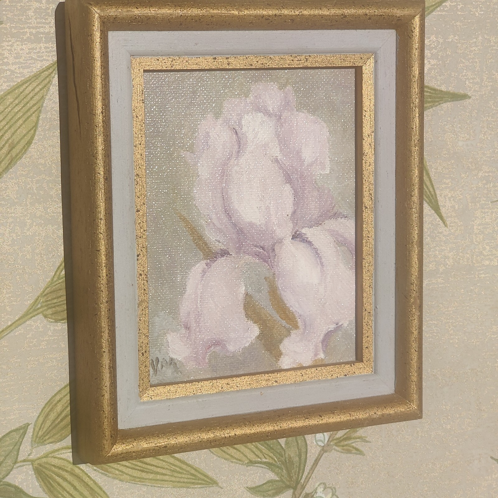 Vintage Miniature Painted Purple Iris Floral Gold Tone Wood Framed 80s Pastel