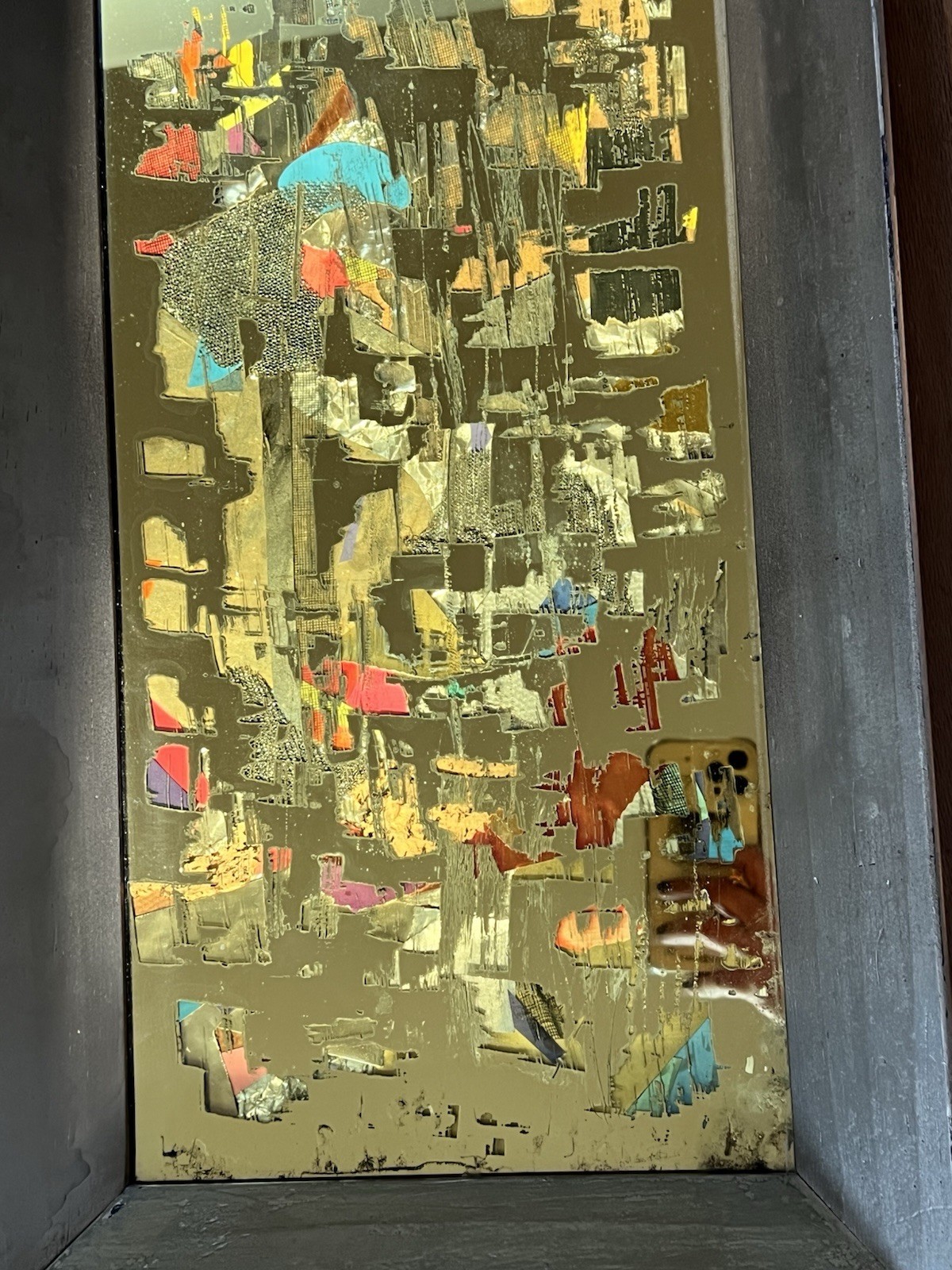 MCM Brutalist Reverse Glass Mirror Art Signed Mixed Media Wall Sculpture 25″